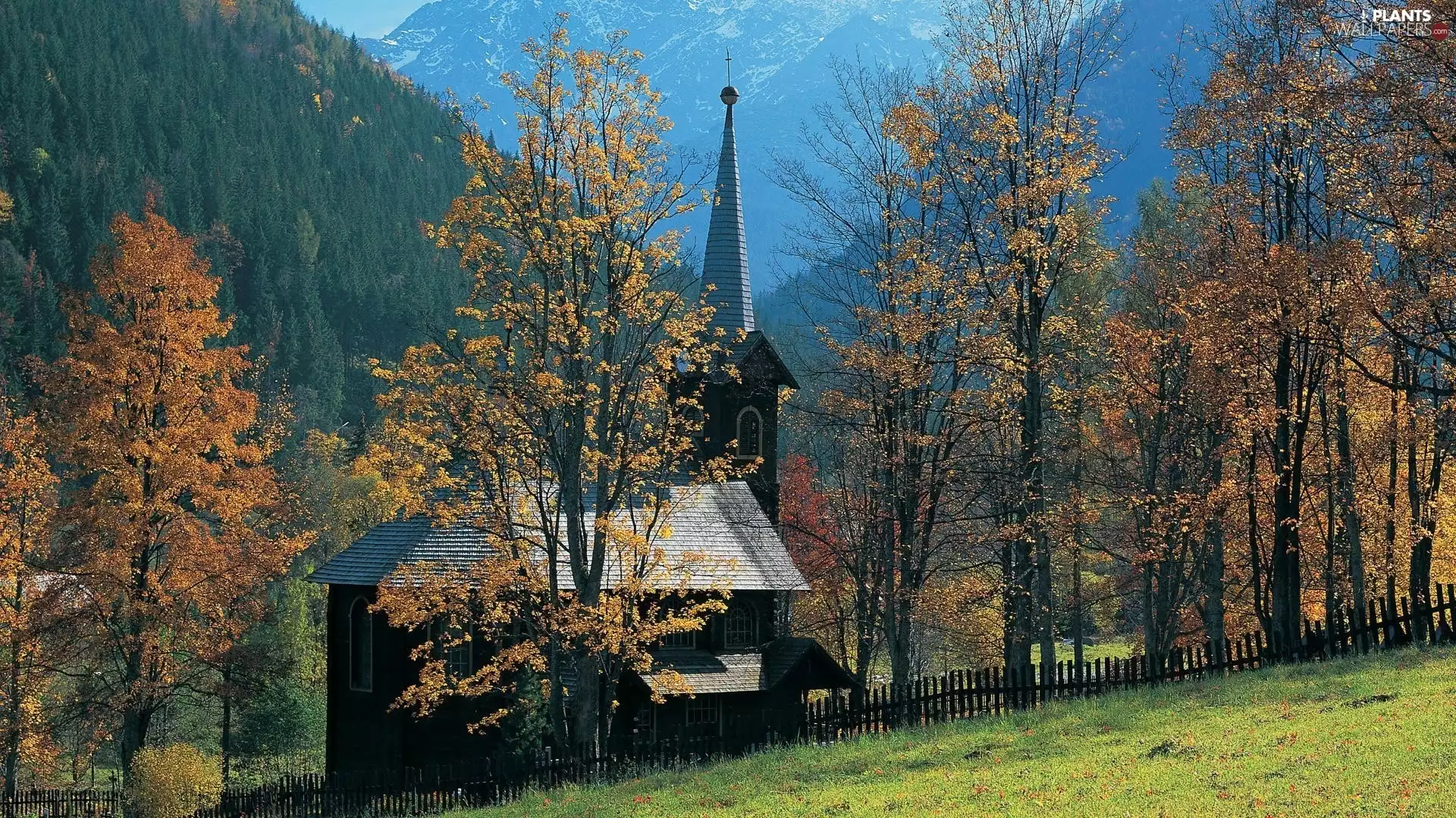 autumn, Church, viewes, fence, trees, Mountains