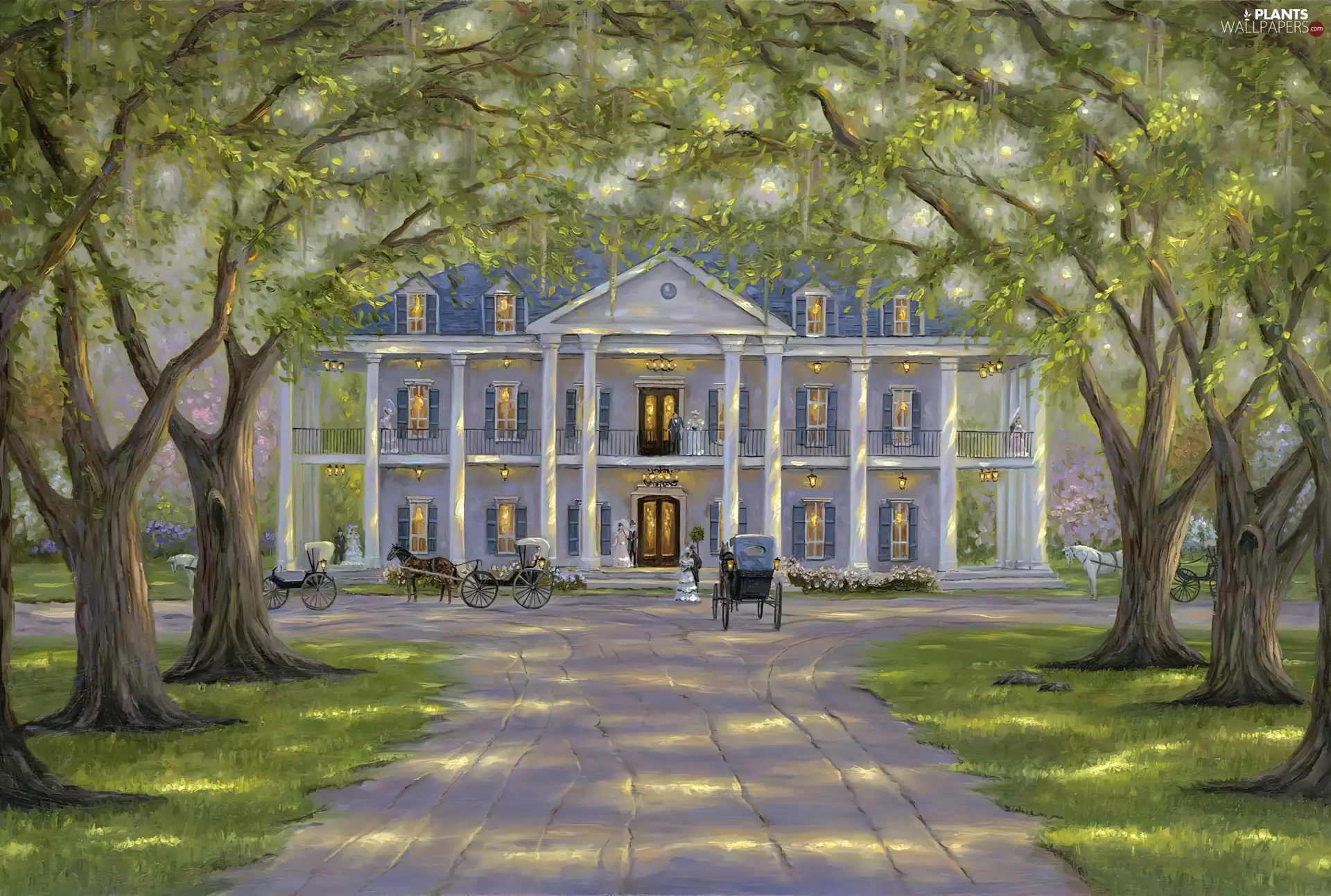 manor-house, picture, viewes, carriages, trees, Robert Finale