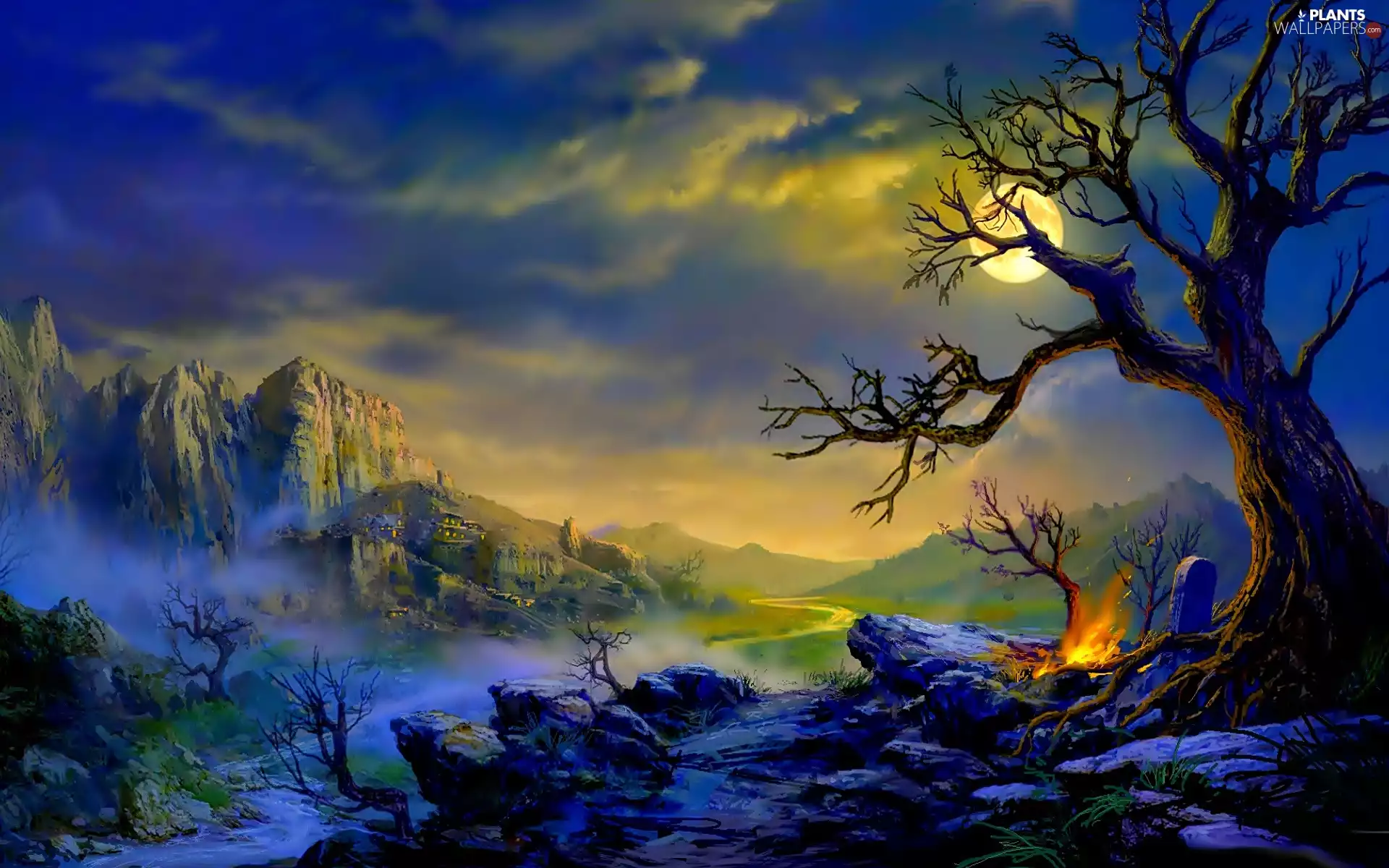 trees, Mountains, moon, fire, viewes, Fog