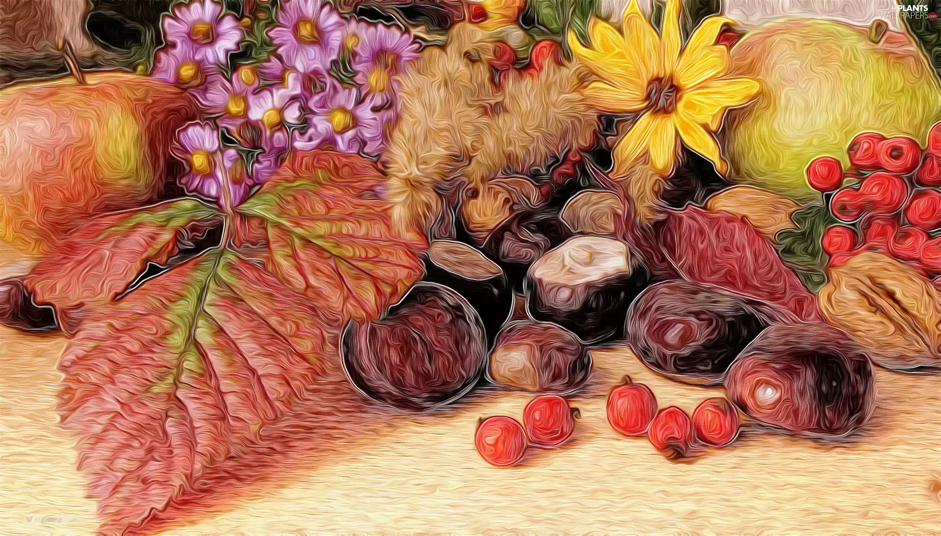 composition, chestnuts, Leaf, Flowers