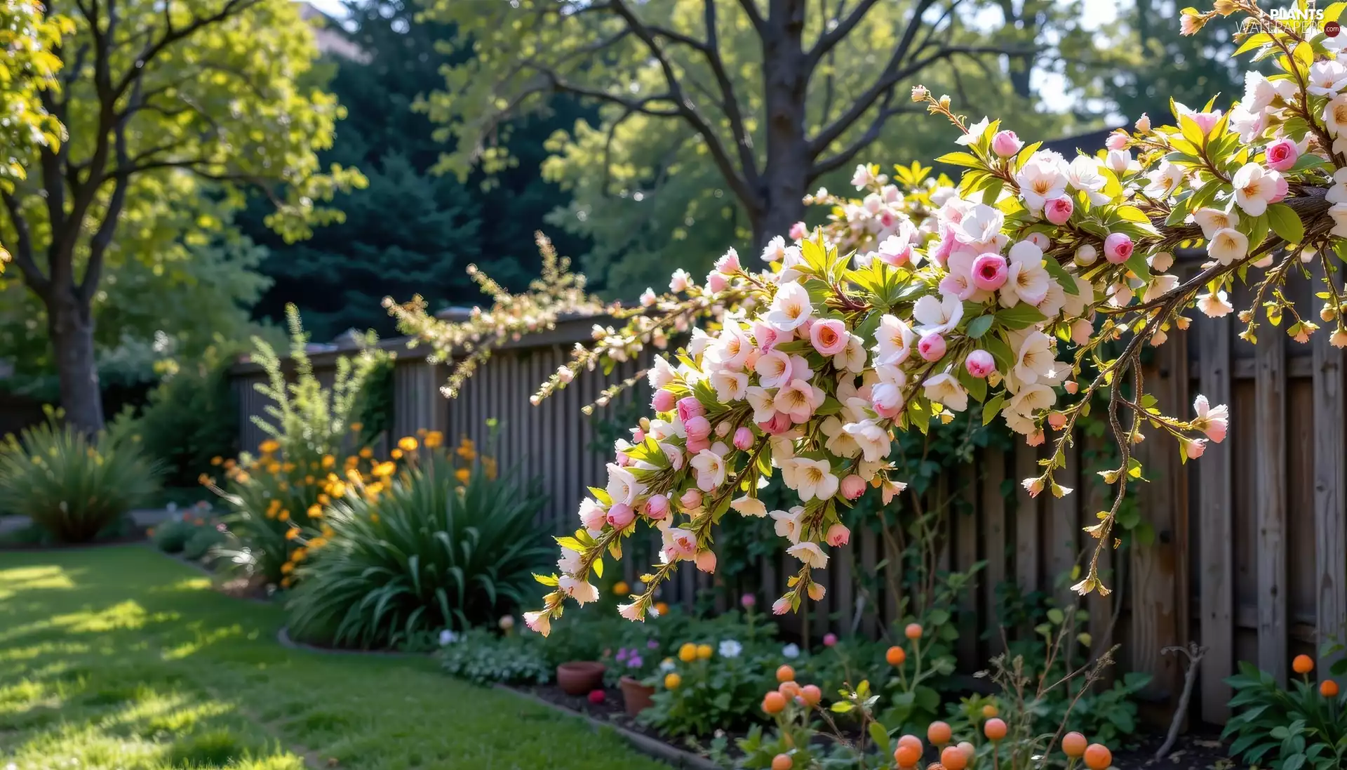 Garden, Flowers, Fance, Fruit Tree