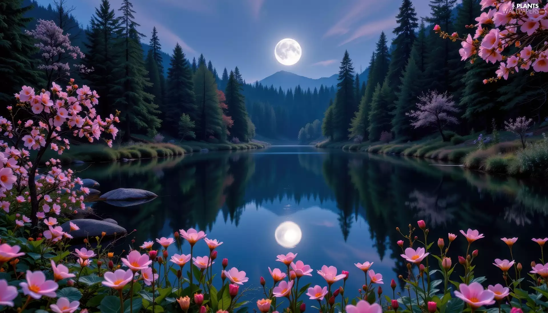 moon, lake, viewes, Flowers, Mountains, trees, reflection