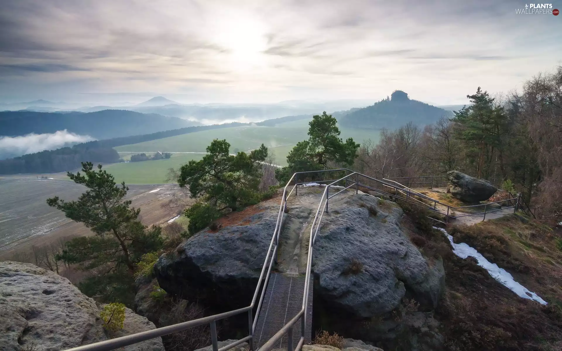 trees, Mountains, Viewpoint, Fog, viewes, rocks