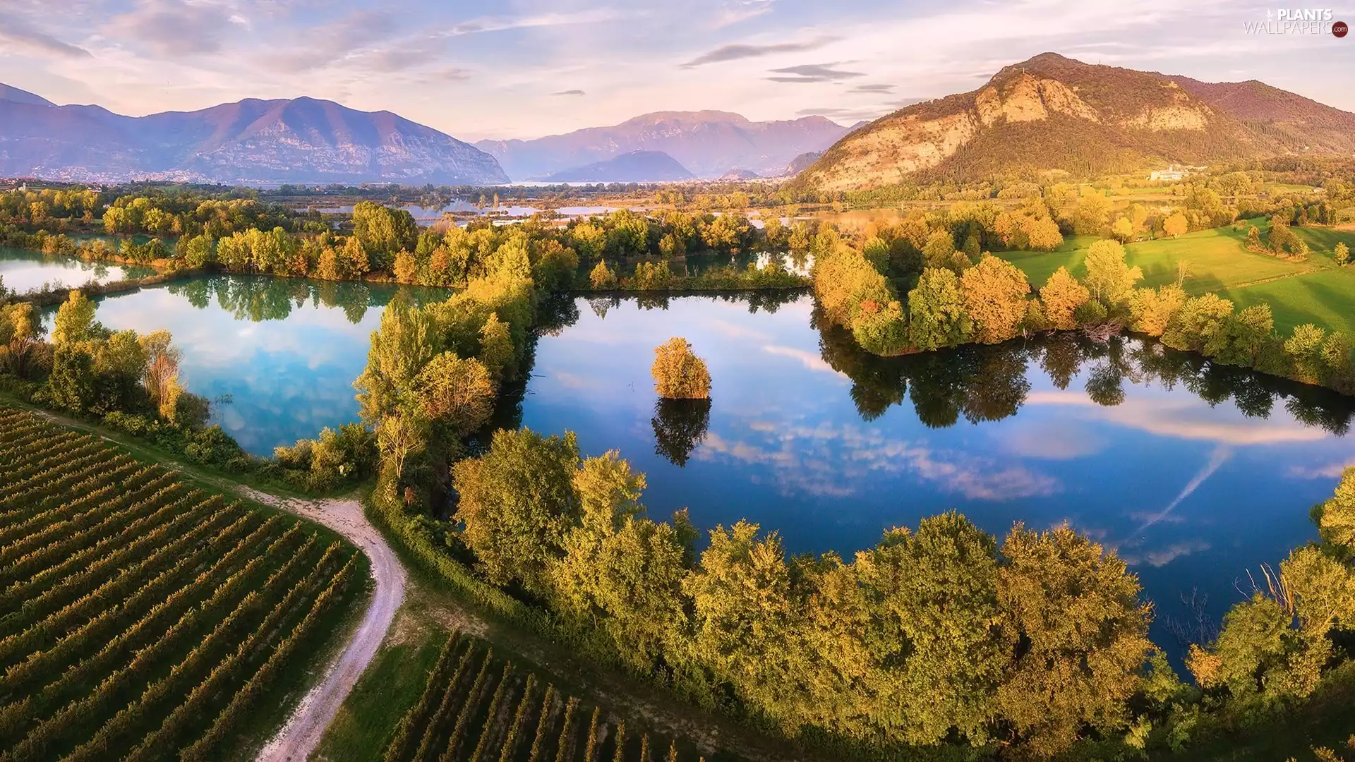 trees, lakes, autumn, forest, Mountains, viewes, plantations