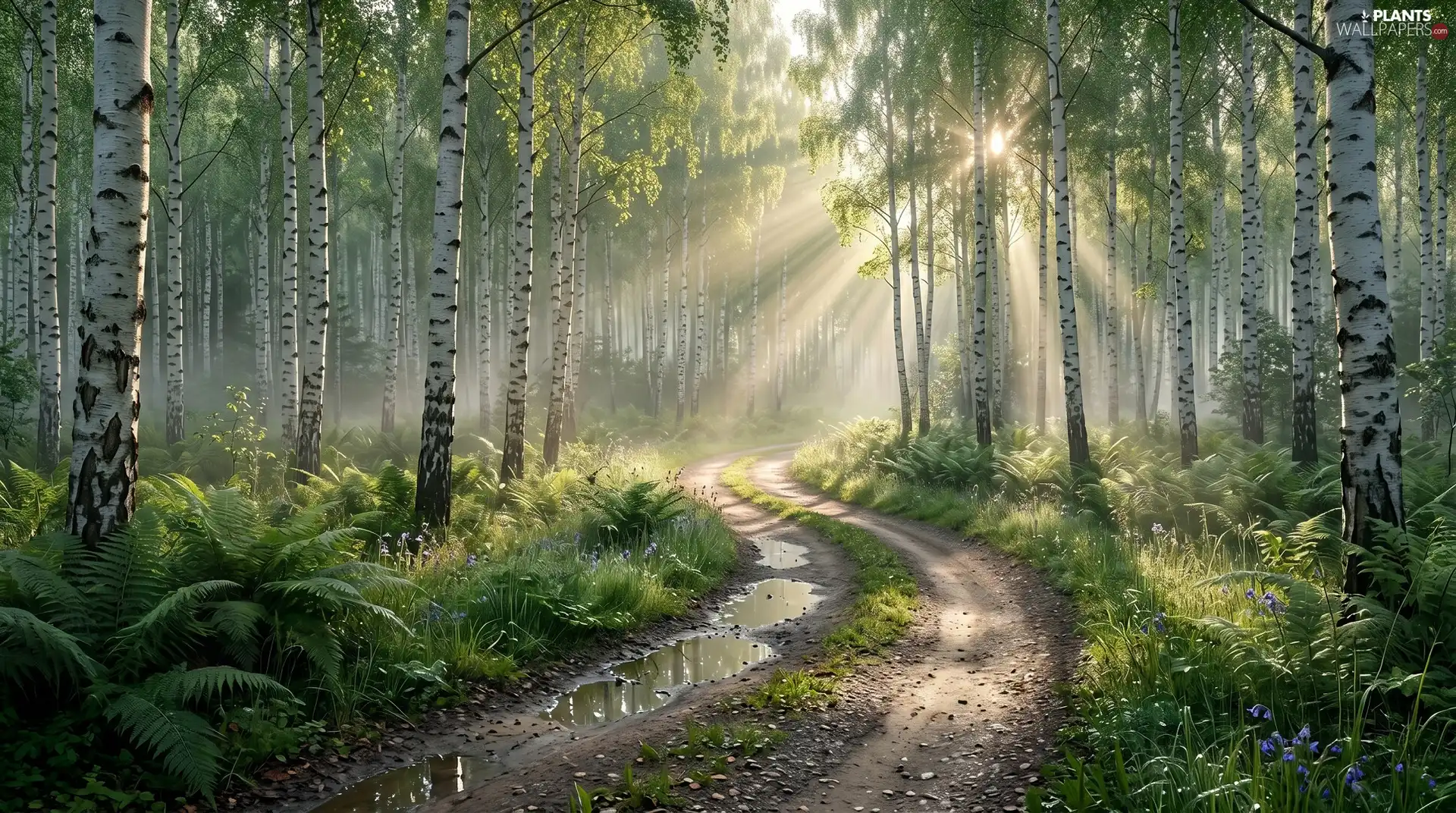 Way, light breaking through sky, birch, puddle, forest