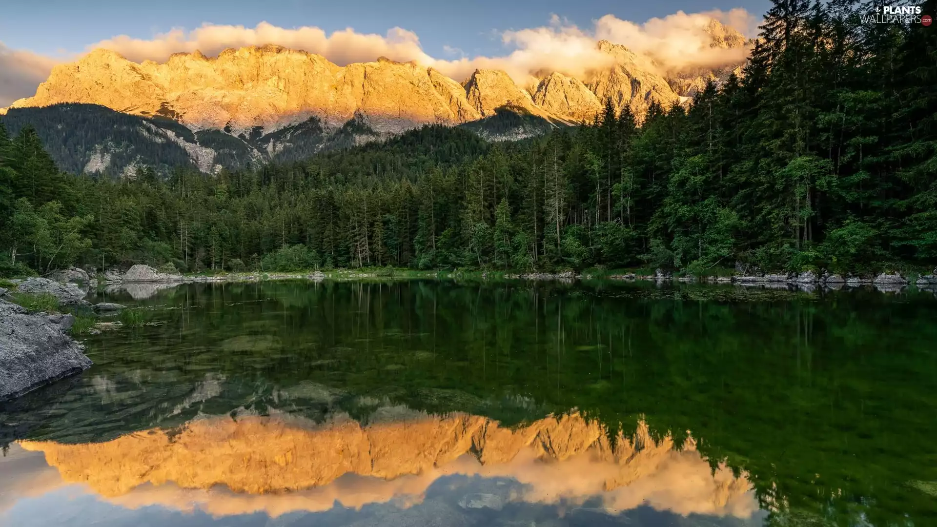trees, lake, clouds, forest, Mountains, viewes, reflection