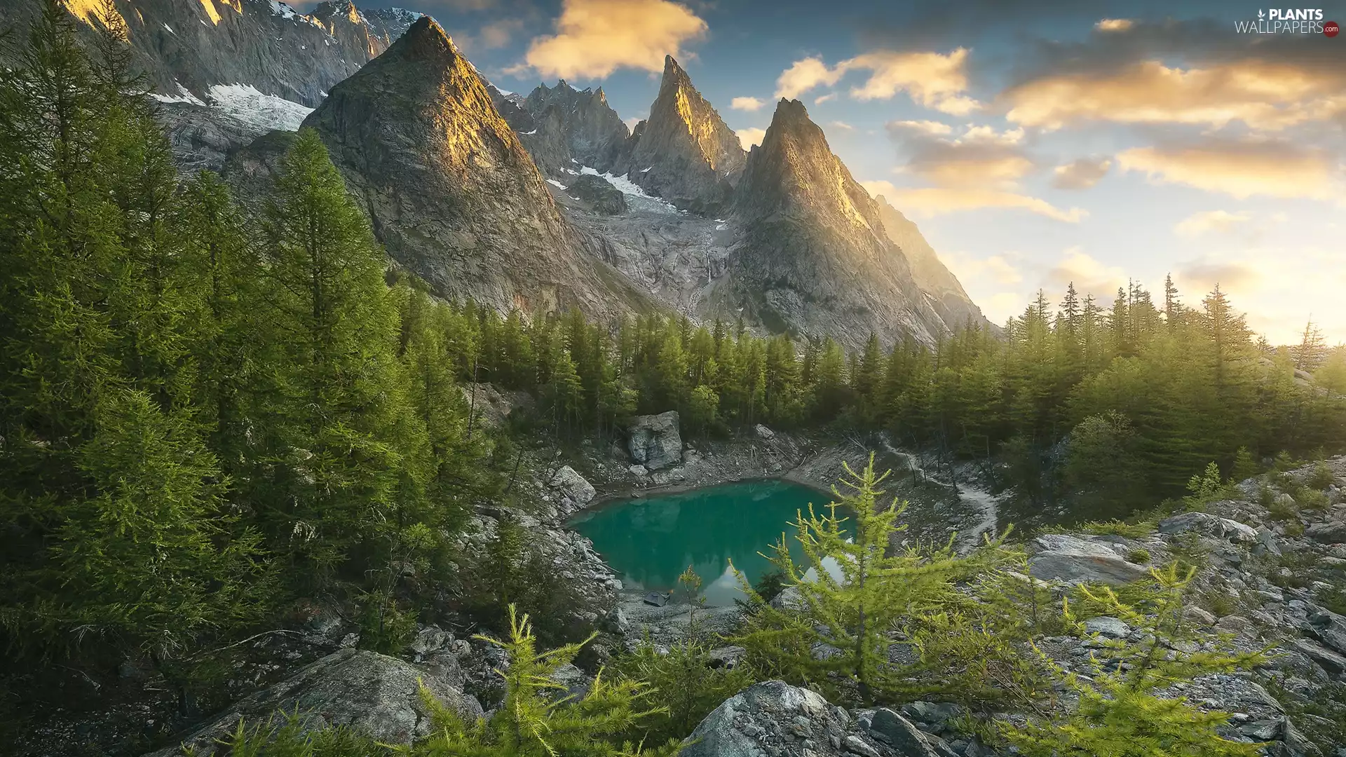 trees, viewes, clouds, Green, Stones, lake, Mountains, forest