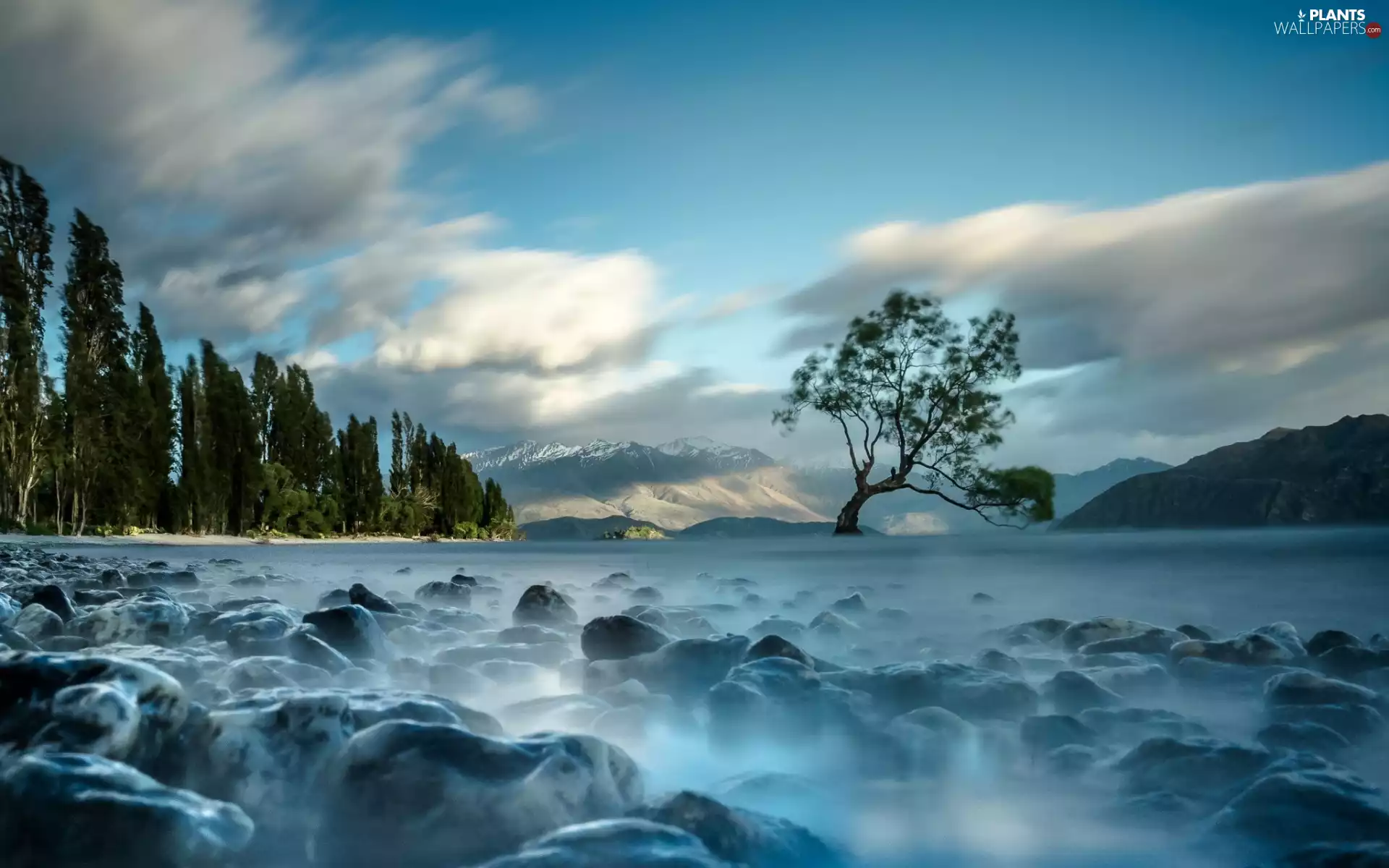 lake, winter, Stones, forest, trees, Mountains