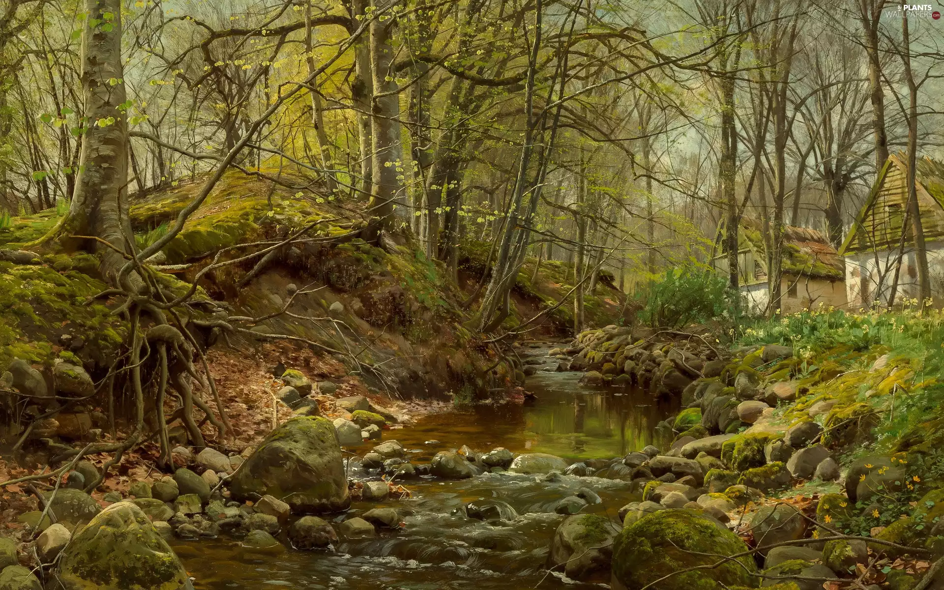 forest, trees, Houses, viewes, Stones, Peder Mork Monsted, painting, River