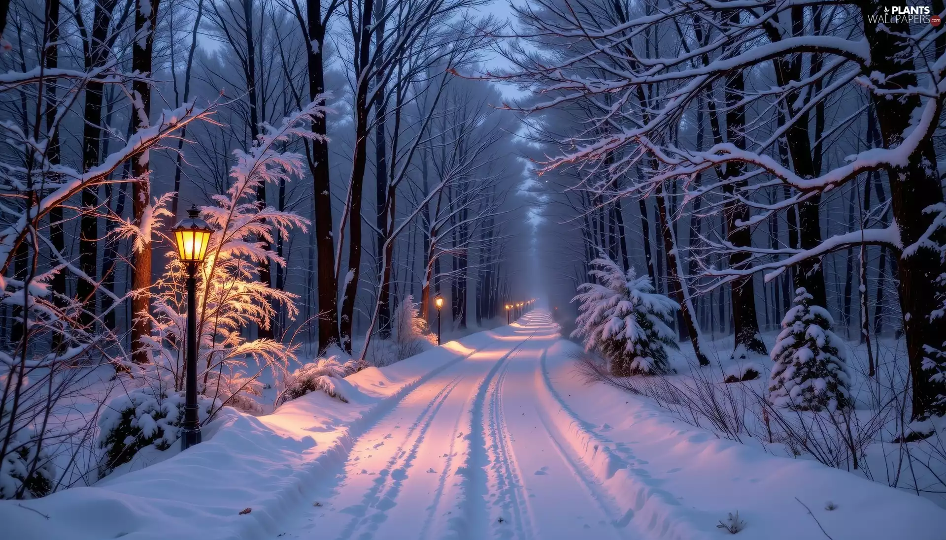 forest, winter, Snowy, trees, lanterns, Ai, snowy, Way, viewes