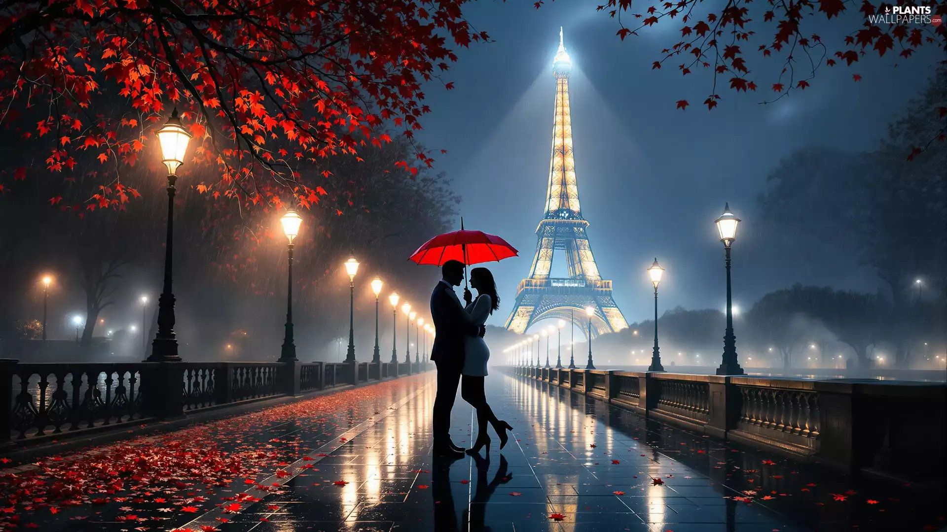 Paris, red hot, trees, Steam, Rain, Eiffla Tower, viewes, lanterns, bridge, umbrella, a man, Women, Night, France