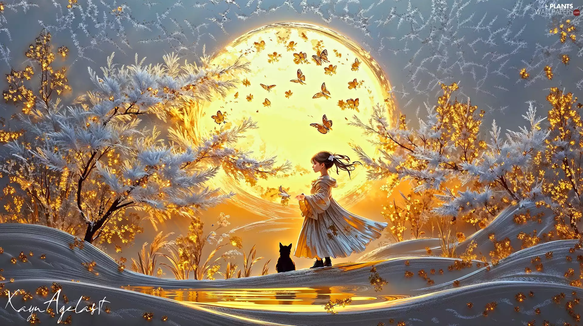 trees, cat, sun, frosty, girl, viewes, butterflies
