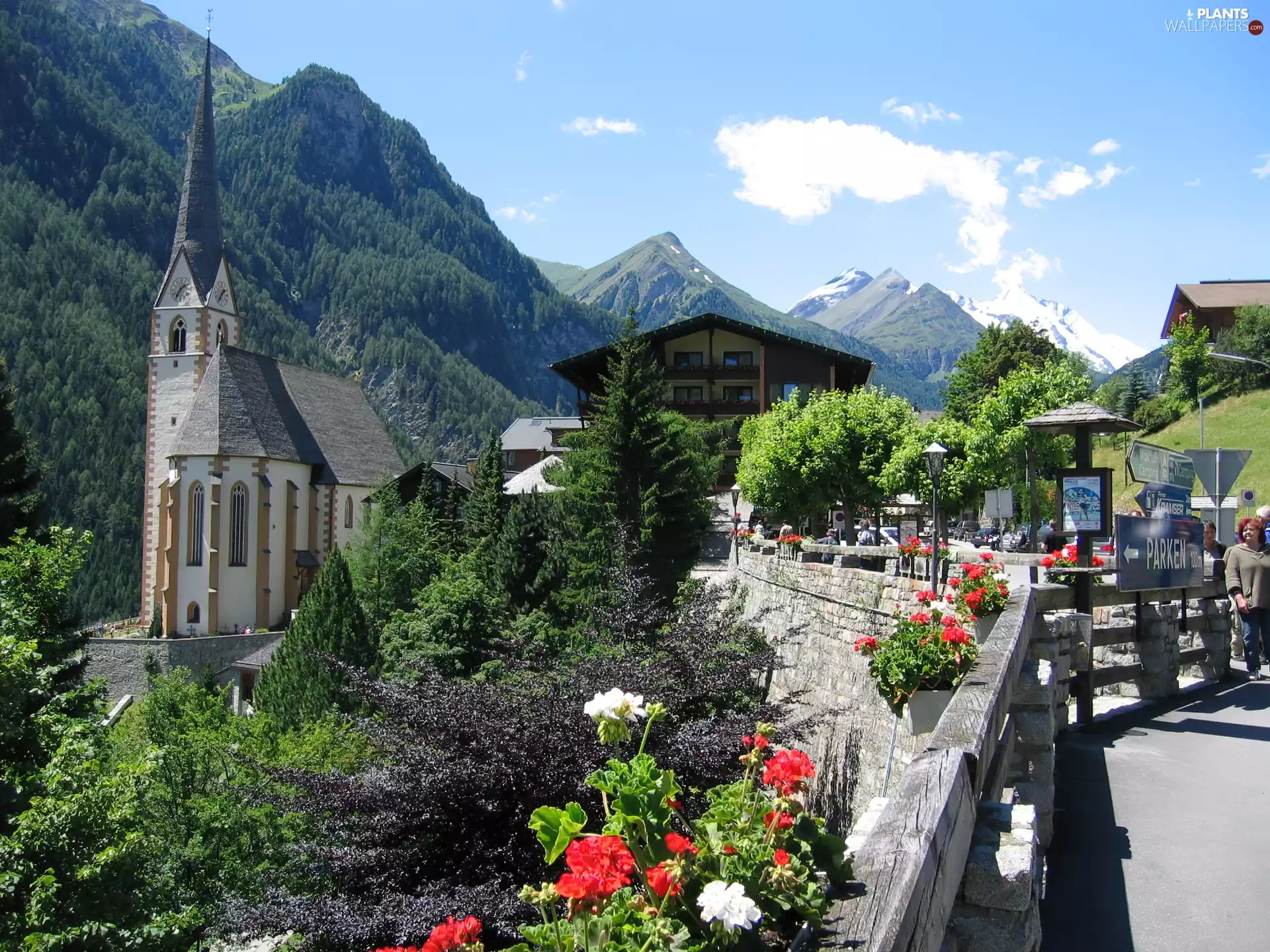 Houses, Mountains, boxes, geraniums, Church, village