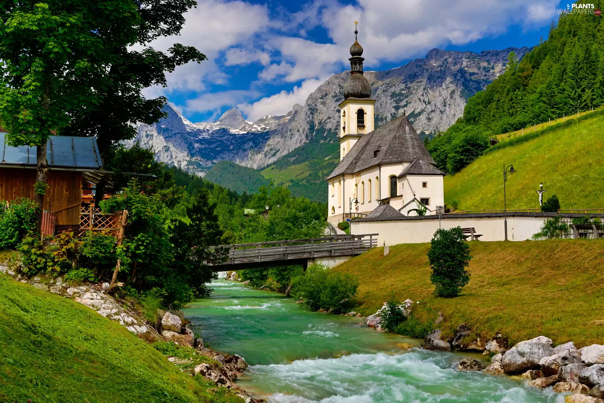 Ramsau bei Berchtesgaden, Germany, Church of St. Sebastian, Alps Mountains, bridge, viewes, trees, Berchtesgaden National Park, Bavaria, Stones, River Ramsauer Ache