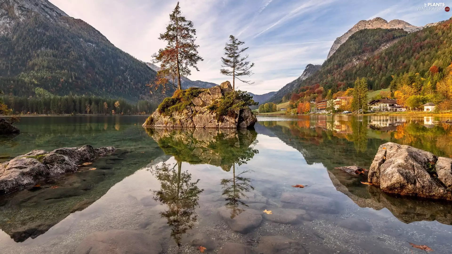 Lake Hintersee, Mountains, rocks, trees, Bavaria, Germany, Houses, Berchtesgaden Municipality, viewes