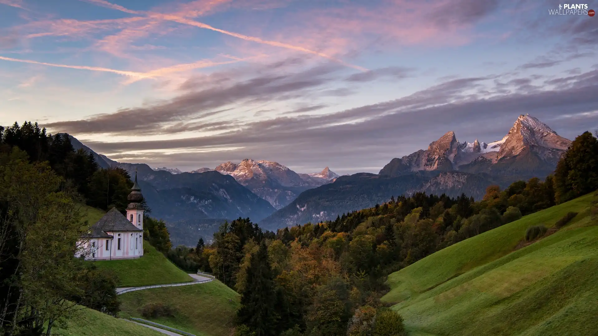 Church, Germany, Mountains, Sanctuary of Maria Gern, trees, Way, woods, Berchtesgaden, Bavaria, viewes, Salzburg Slate Alps