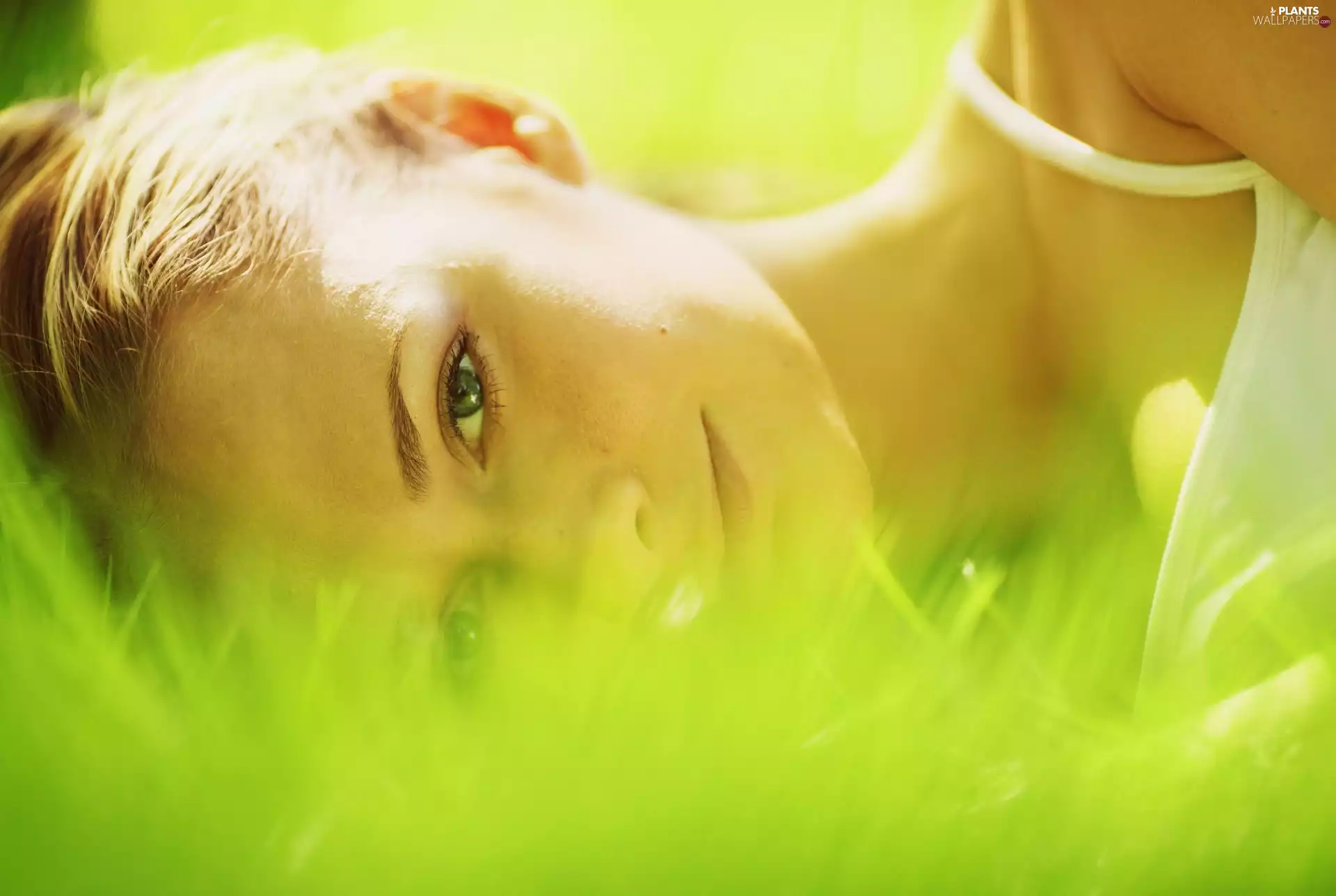 grass, glamour, face, summer, Women