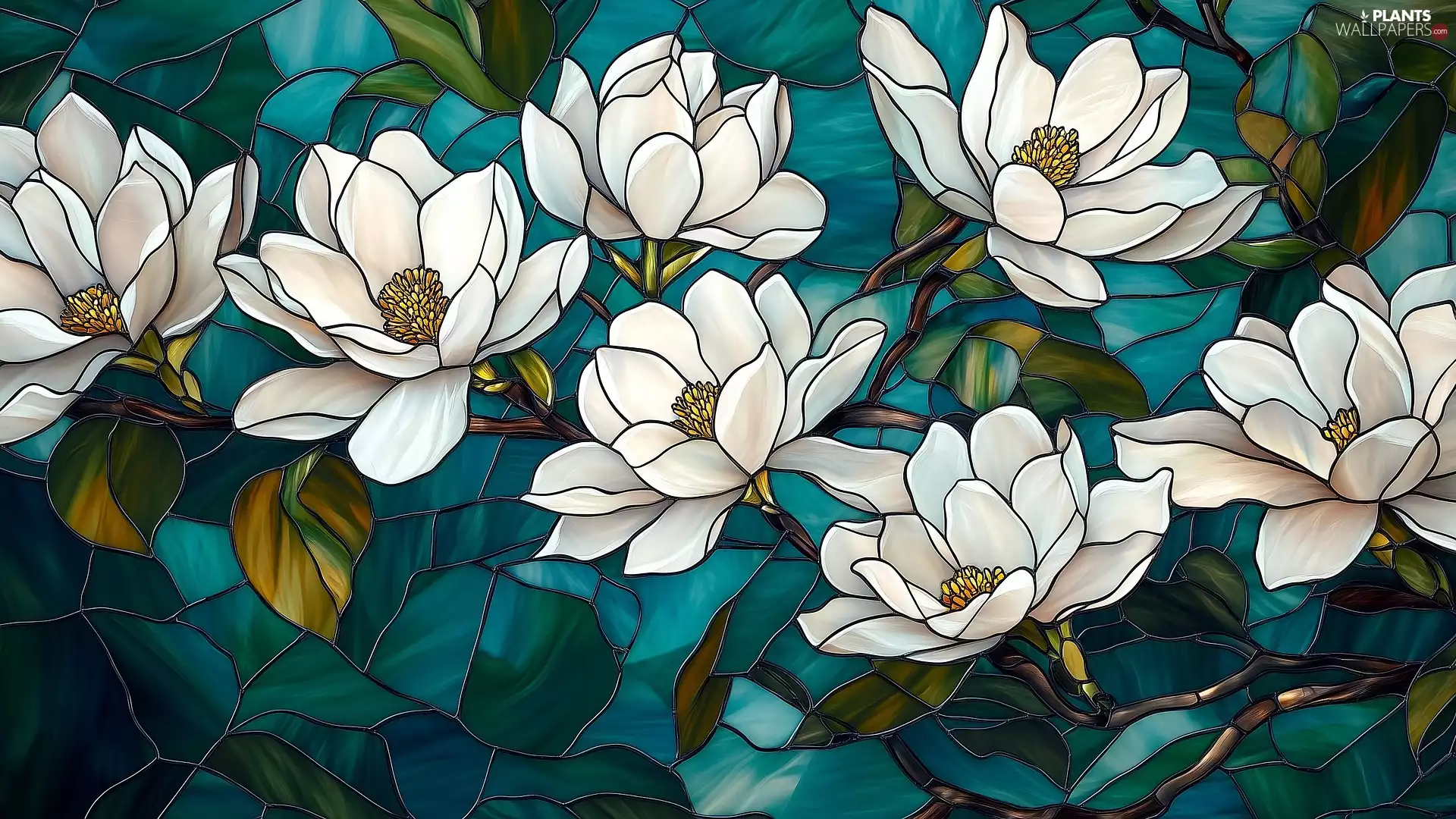 stained glass, White, Flowers, Magnolia