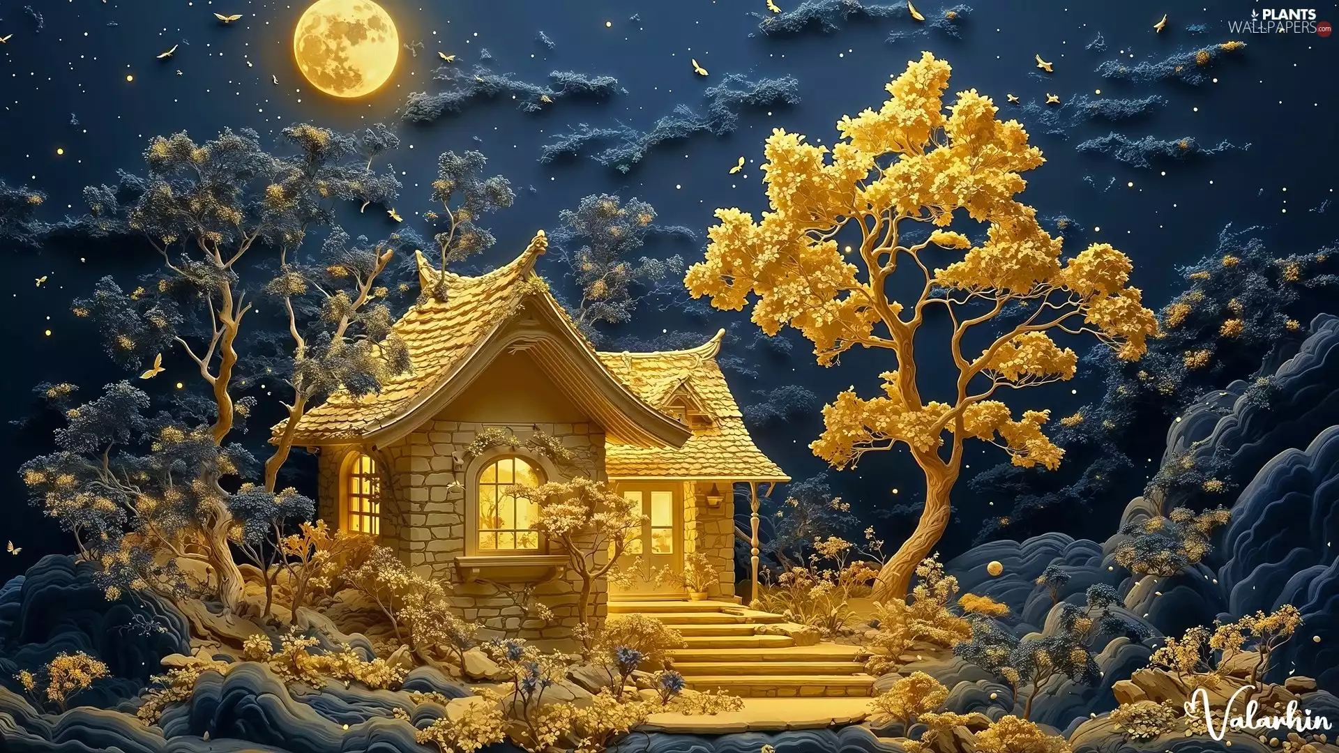 Golden, Night, house, trees, flying, birds, moon, Stairs, viewes