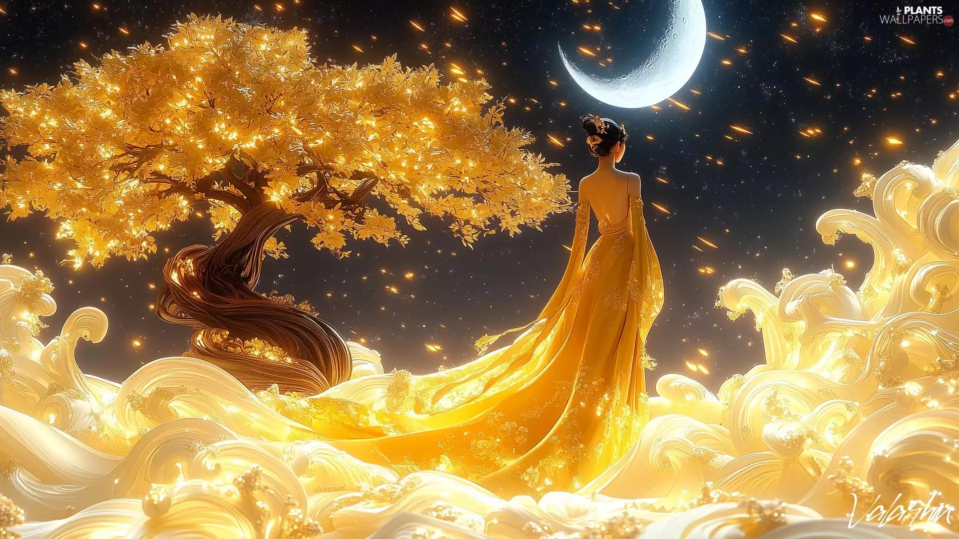 Golden automobile, Dress, graphics, Golden, moon, Women, Night, trees