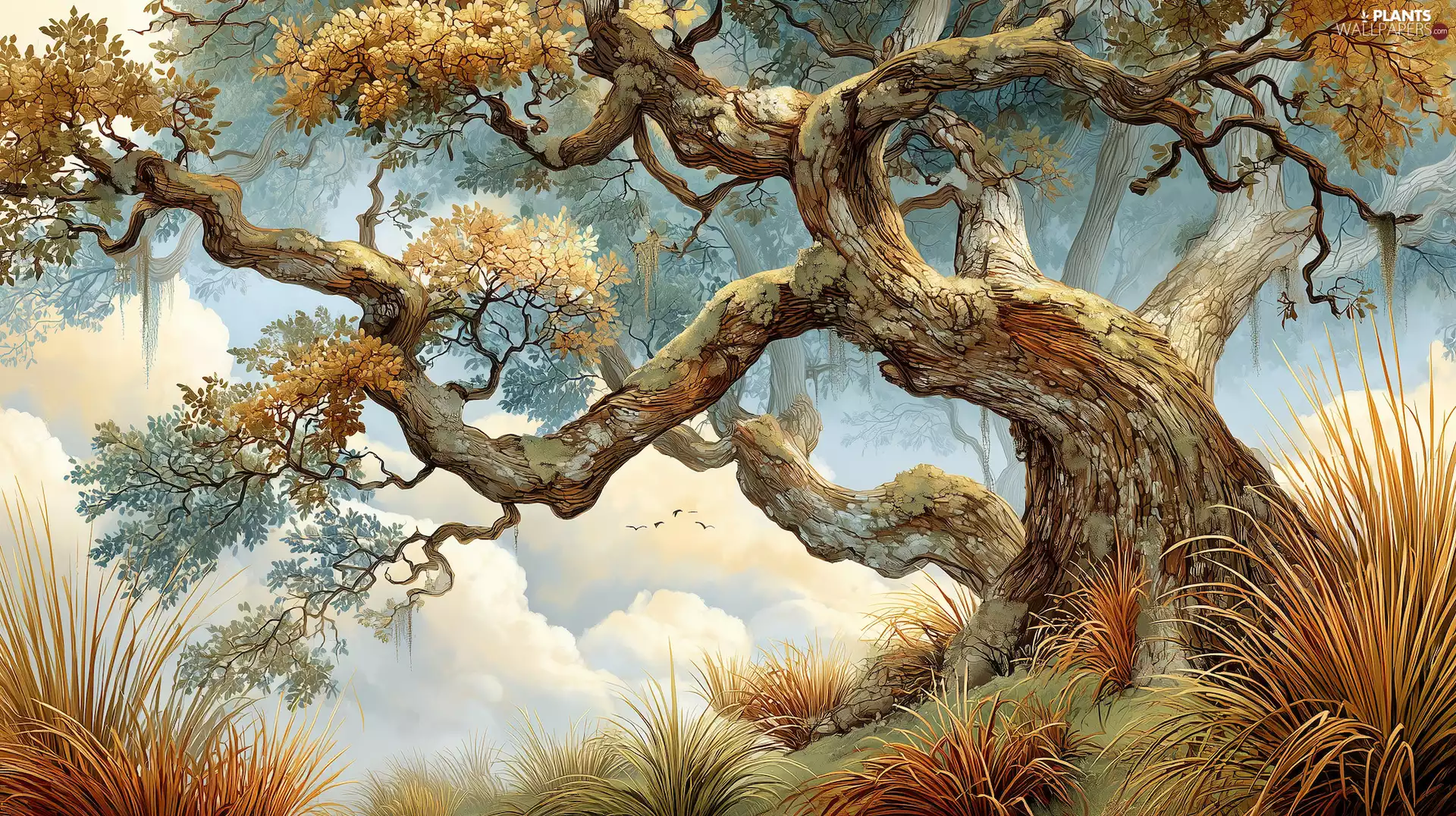 grass, graphics, dry, branches, trees