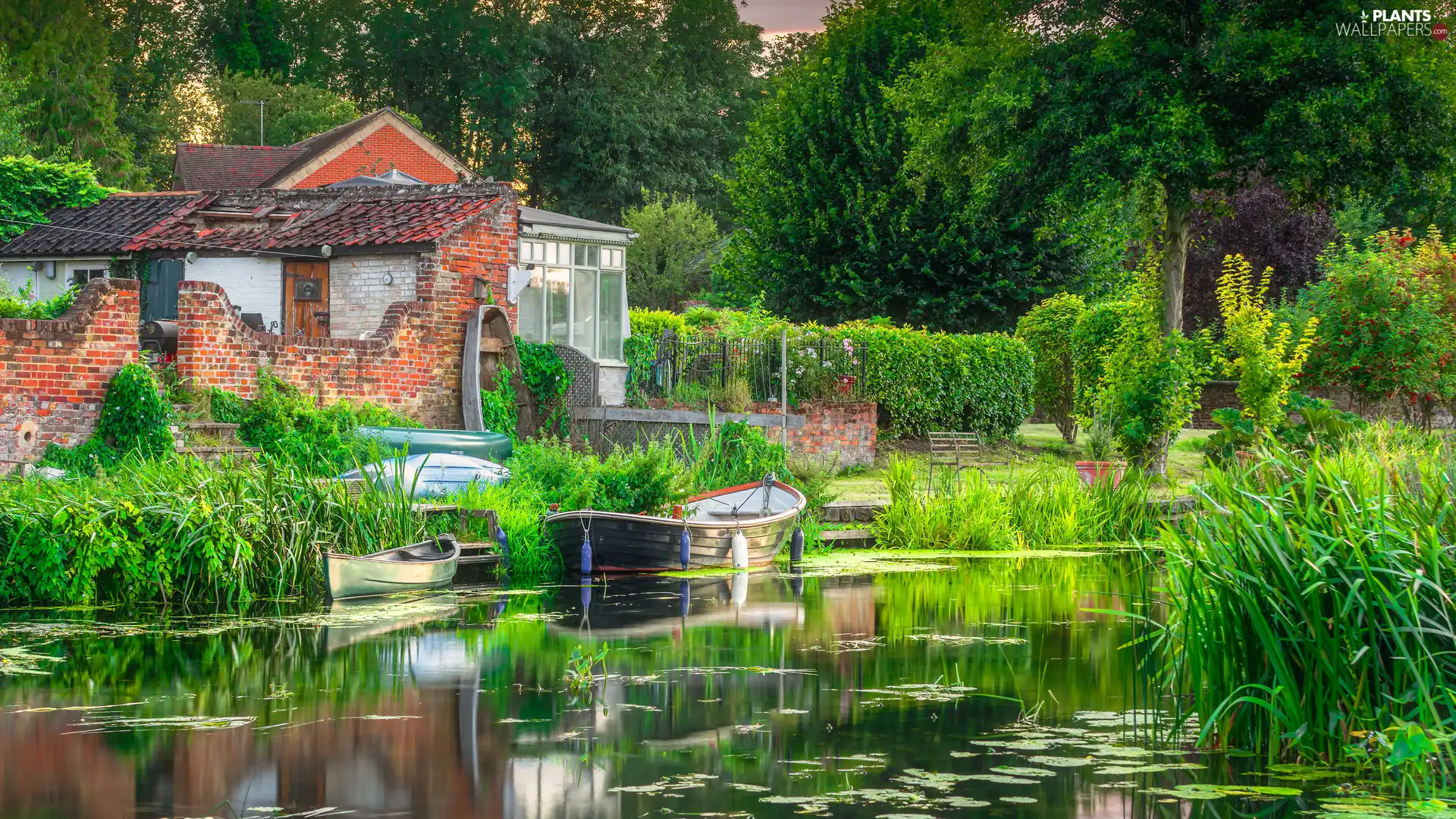 Pond - car, buildings, viewes, boats, Houses, trees, grass