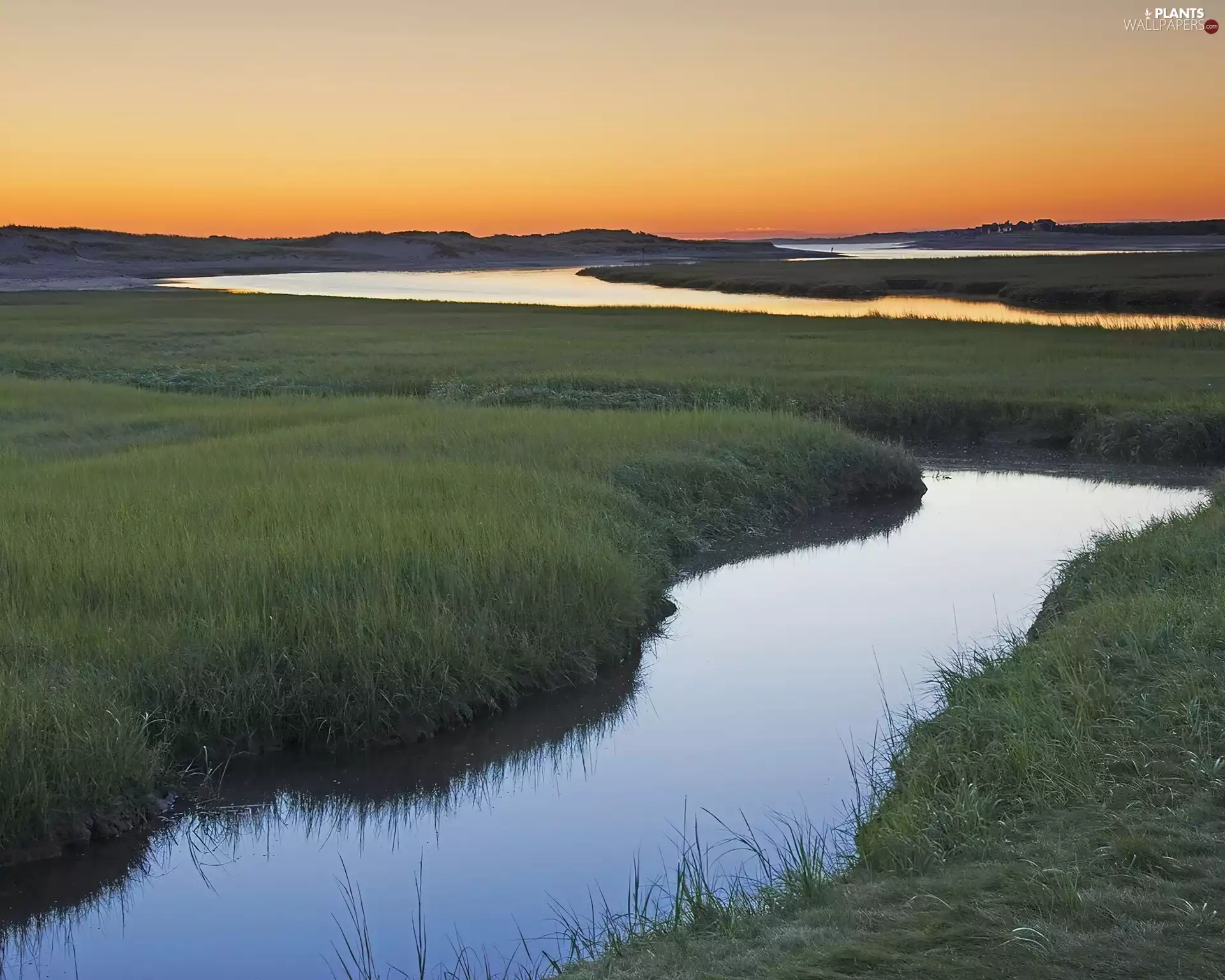 Bend, grass, Great Sunsets, rivers