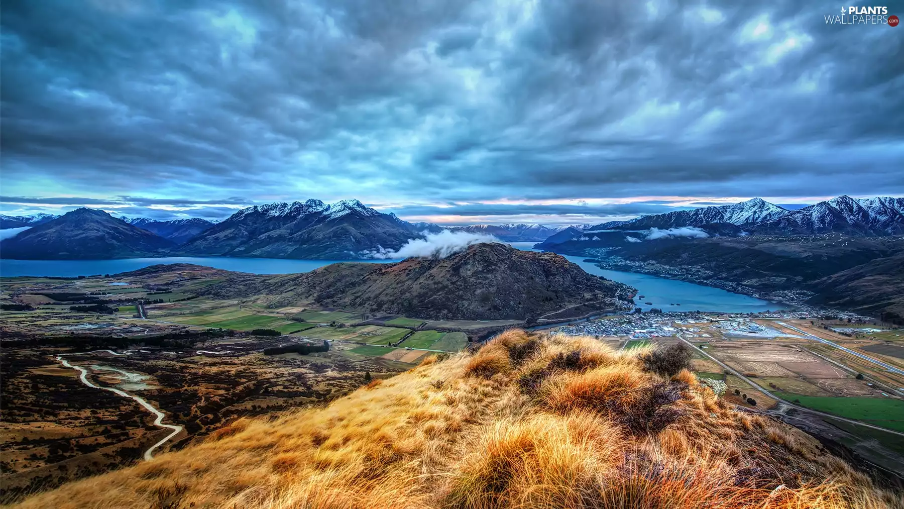 field, grass, lakes, Town, Mountains