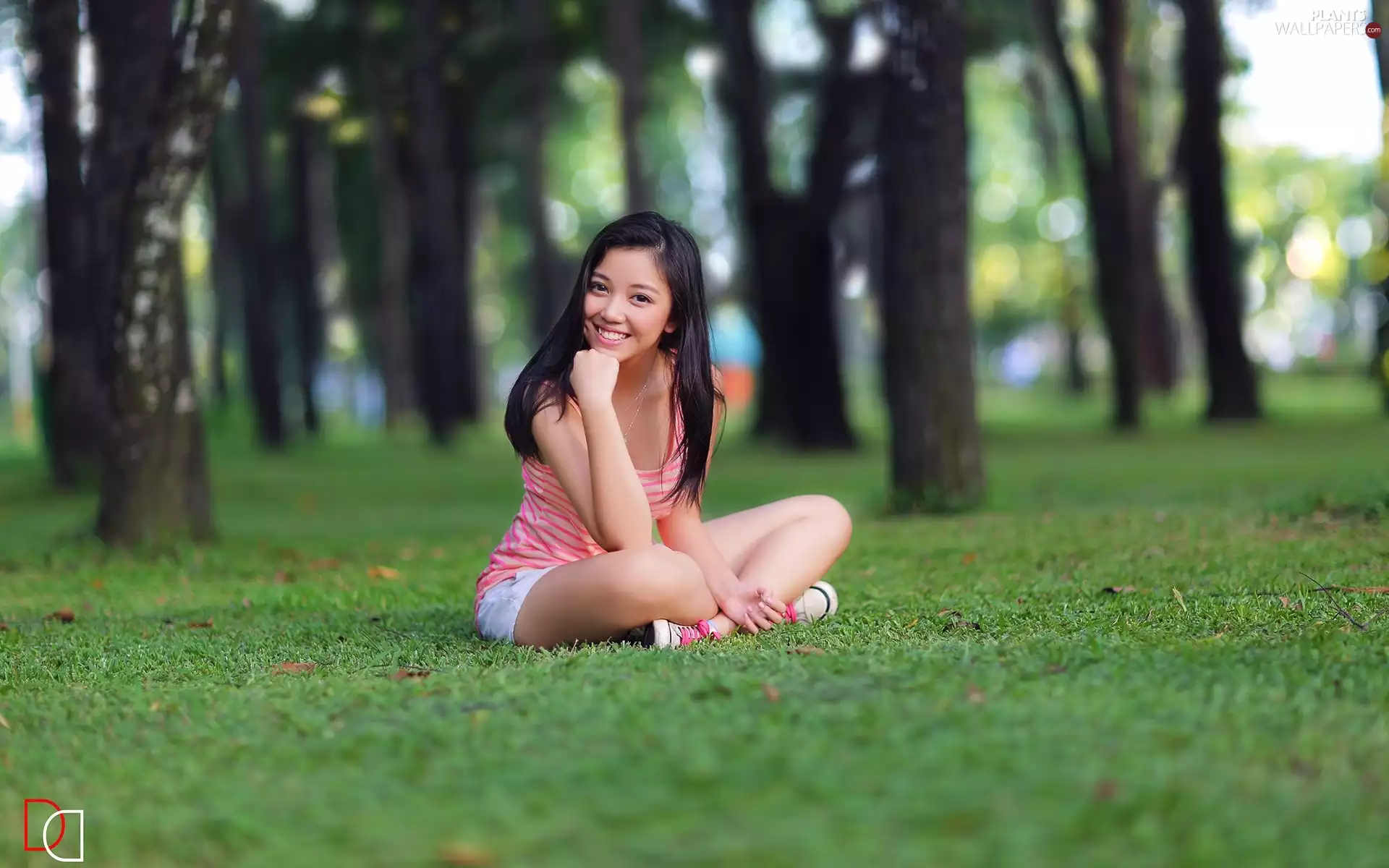 Park, brunette, Smile, grass