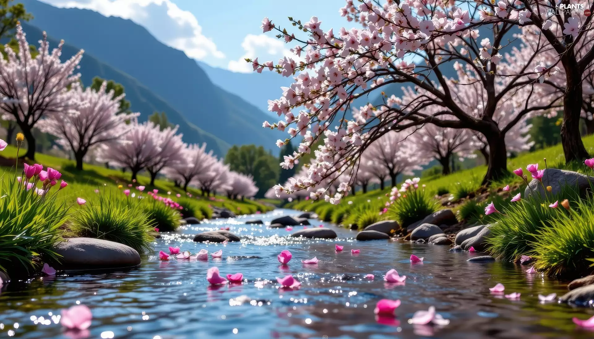 flourishing, trees, Spring, viewes, Flowers, River, Mountains, grass