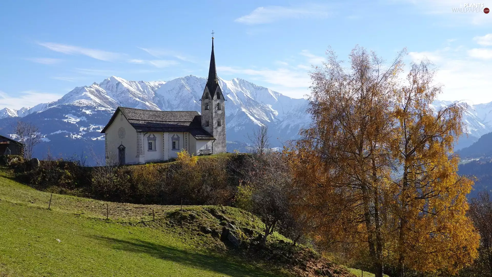 Alps, trees, Canton Graubunden, Switzerland, Church, Mountains