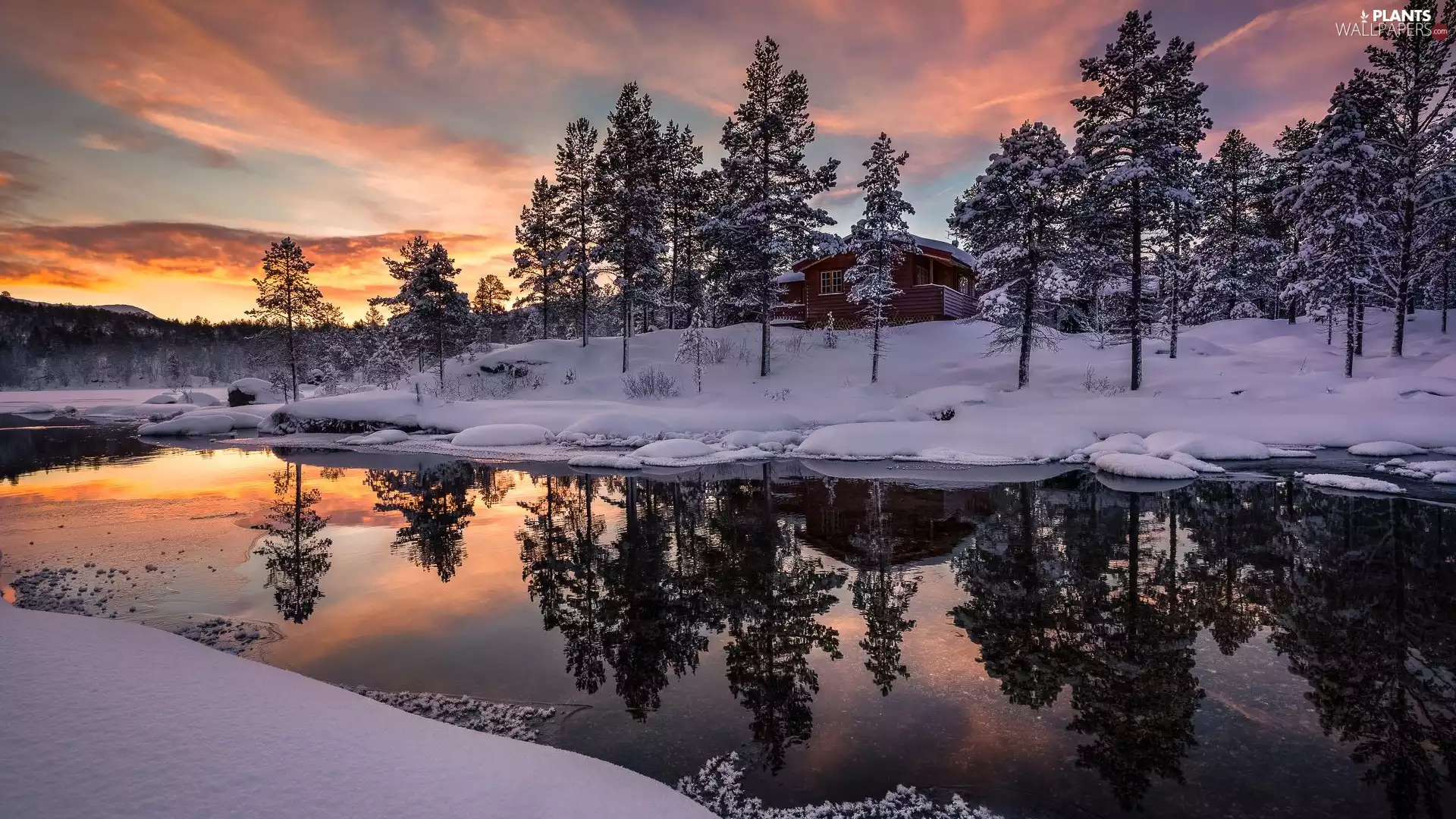 trees, winter, Houses, Great Sunsets, viewes, River