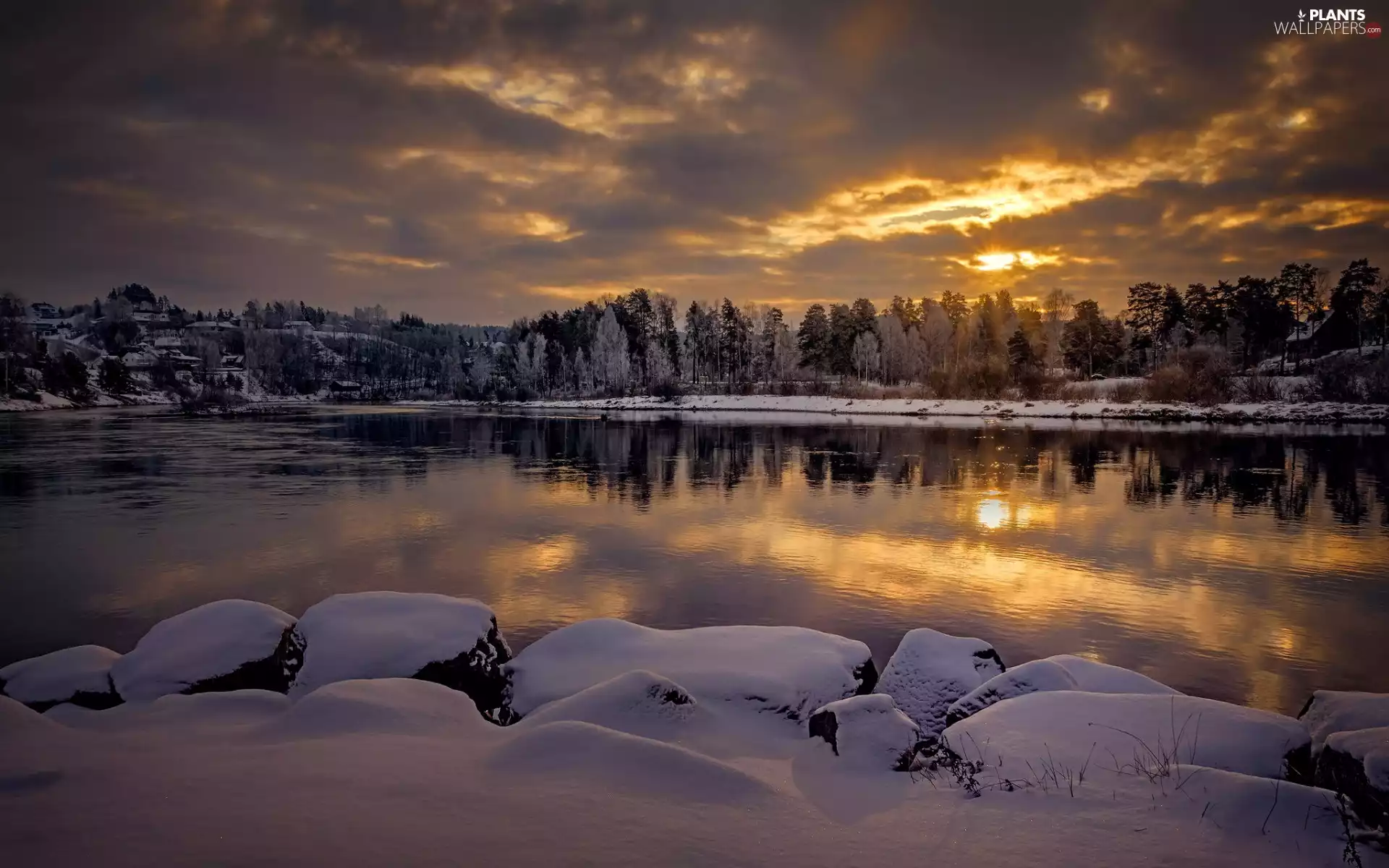 Great Sunsets, River, clouds, trees, Stones, snow, winter, viewes