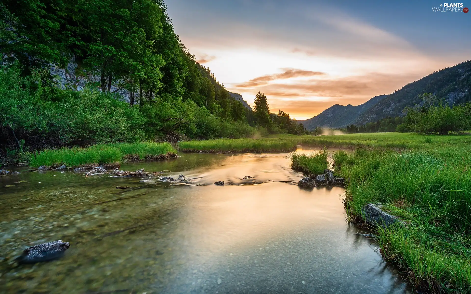 grass, Mountains, viewes, Great Sunsets, trees, River