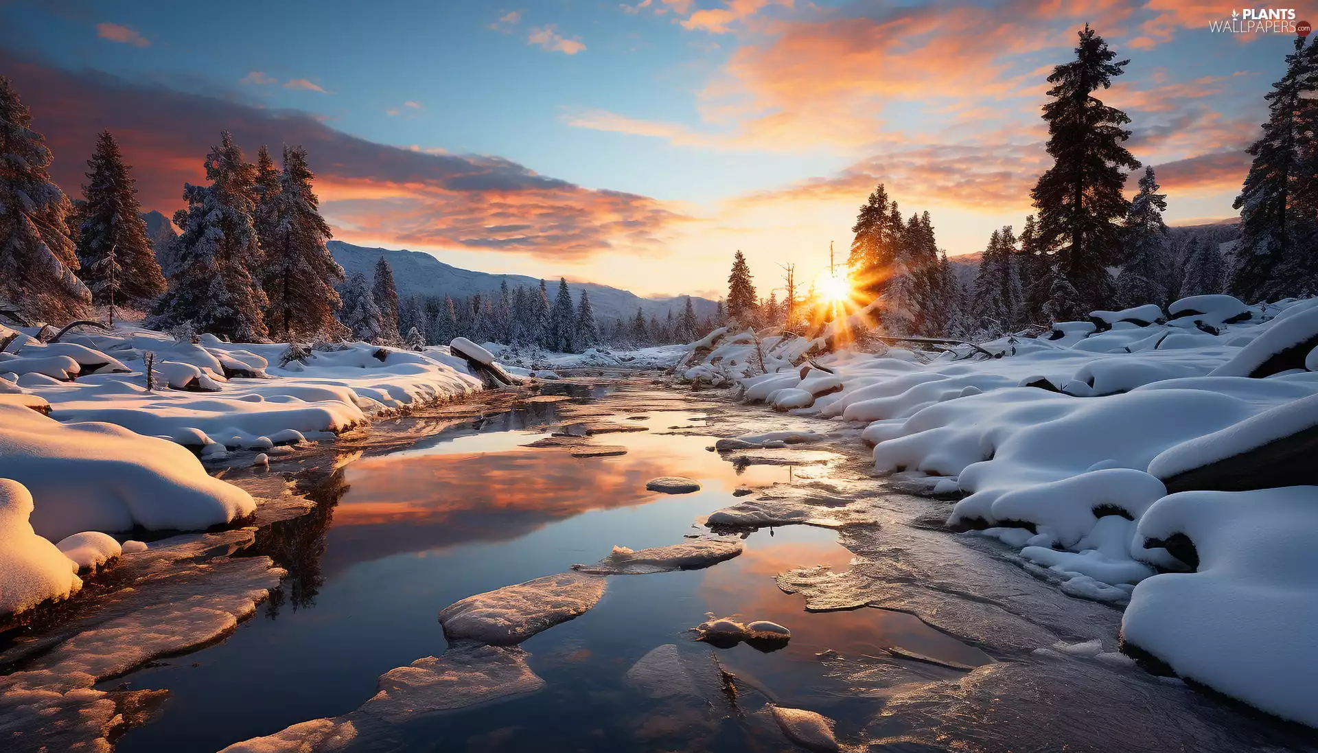snow, winter, viewes, Great Sunsets, trees, River