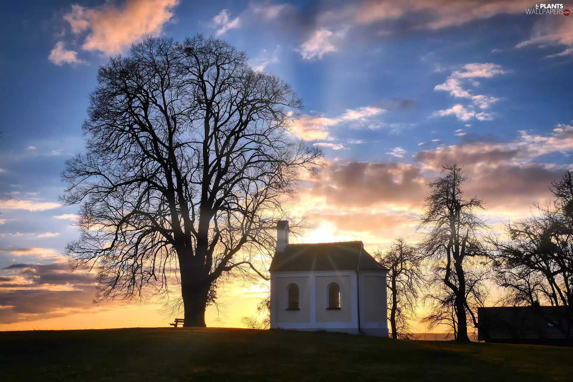 chapel, Sky, viewes, Hill, trees, Great Sunsets