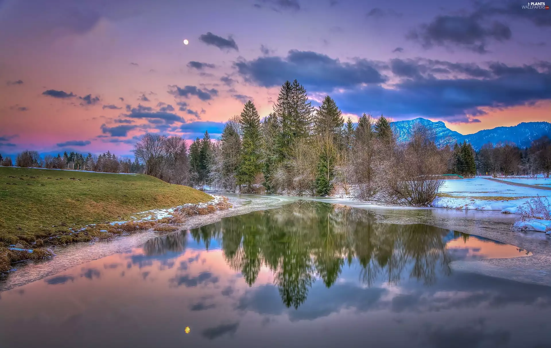 viewes, hoarfrost, River, trees, Mountains