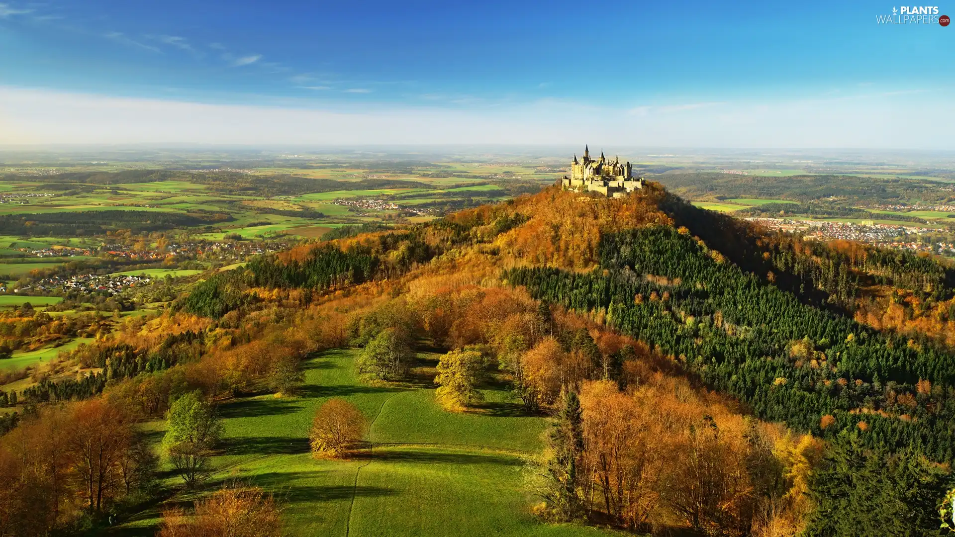 trees, viewes, Germany, autumn, Baden-Württemberg, Hohenzollern Castle, Hohenzollern Mountain, Hill