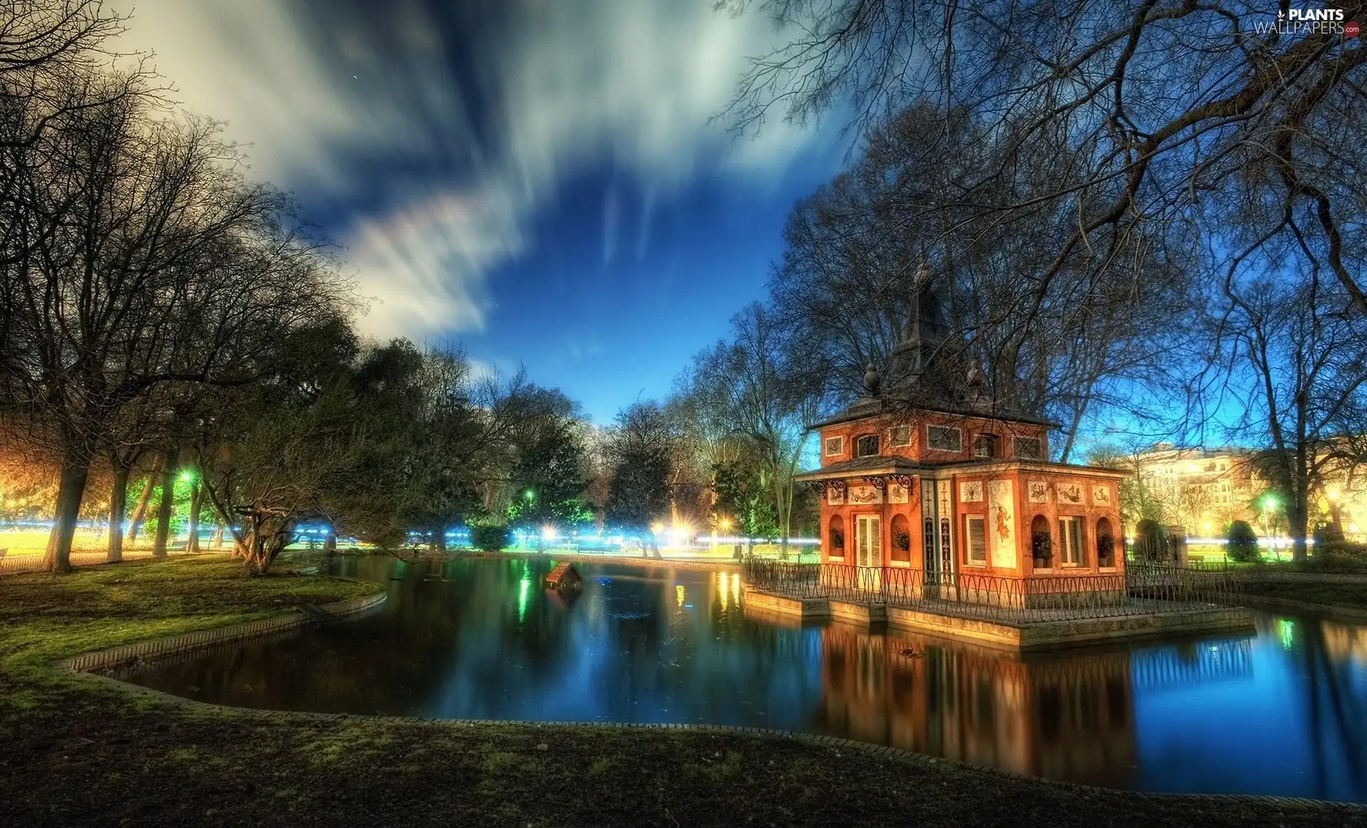 trees, Park, Home, reflection, viewes, lake