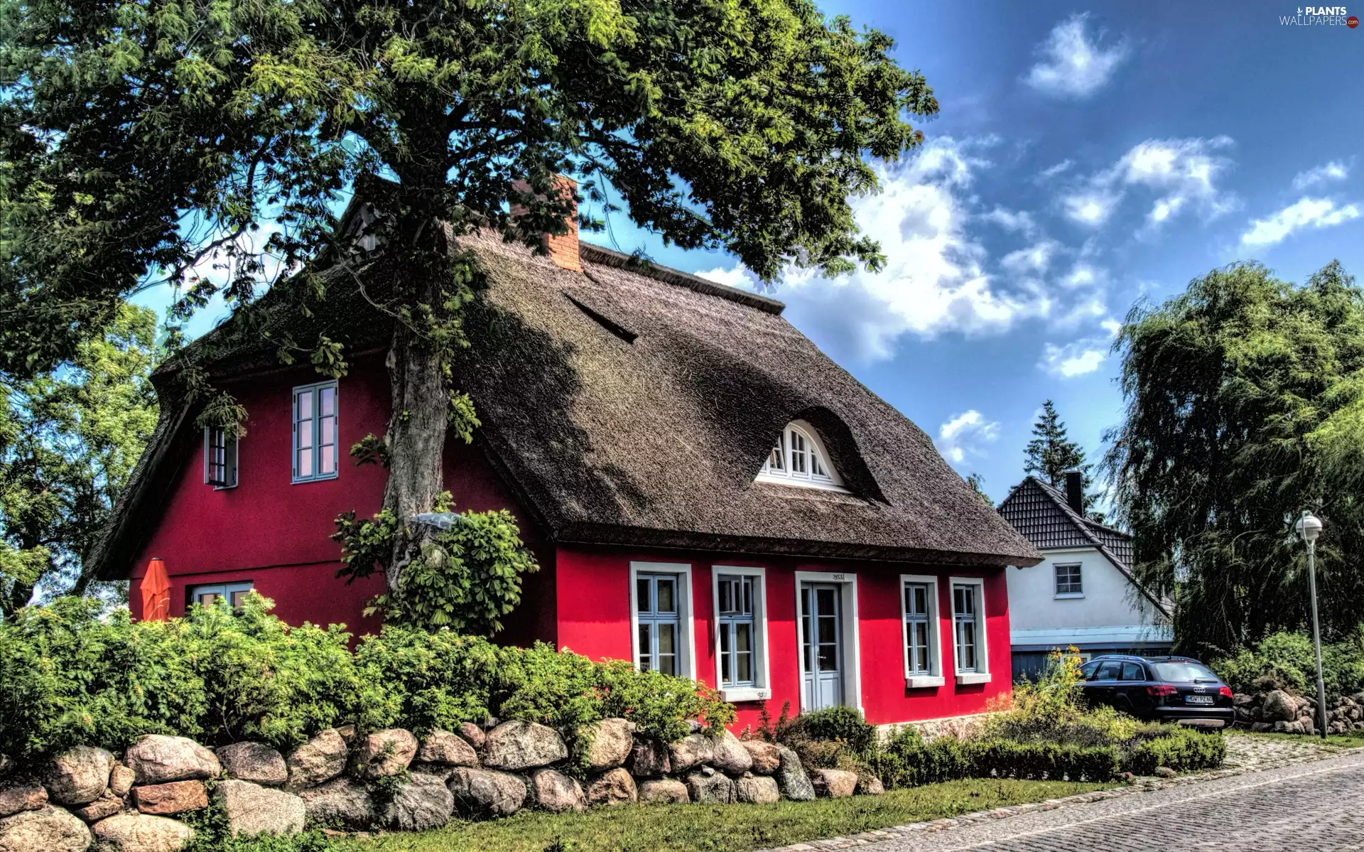 Way, Red, Bush, house, country, trees, Stones