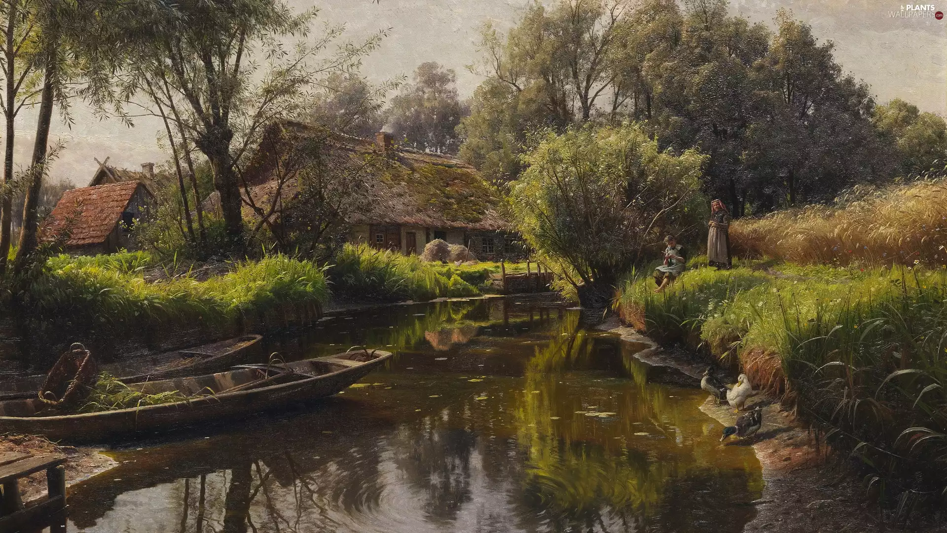 viewes, picture, country, ducks, River, painting, Peder Mork Monsted, house, boats, trees