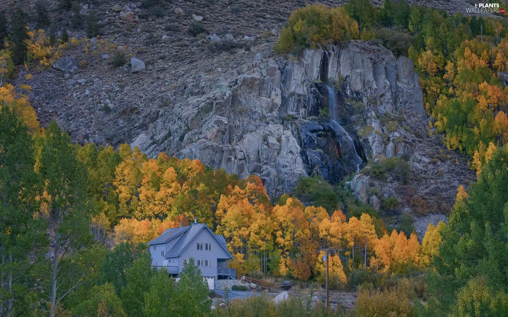 viewes, autumn, waterfall, house, rocks, trees