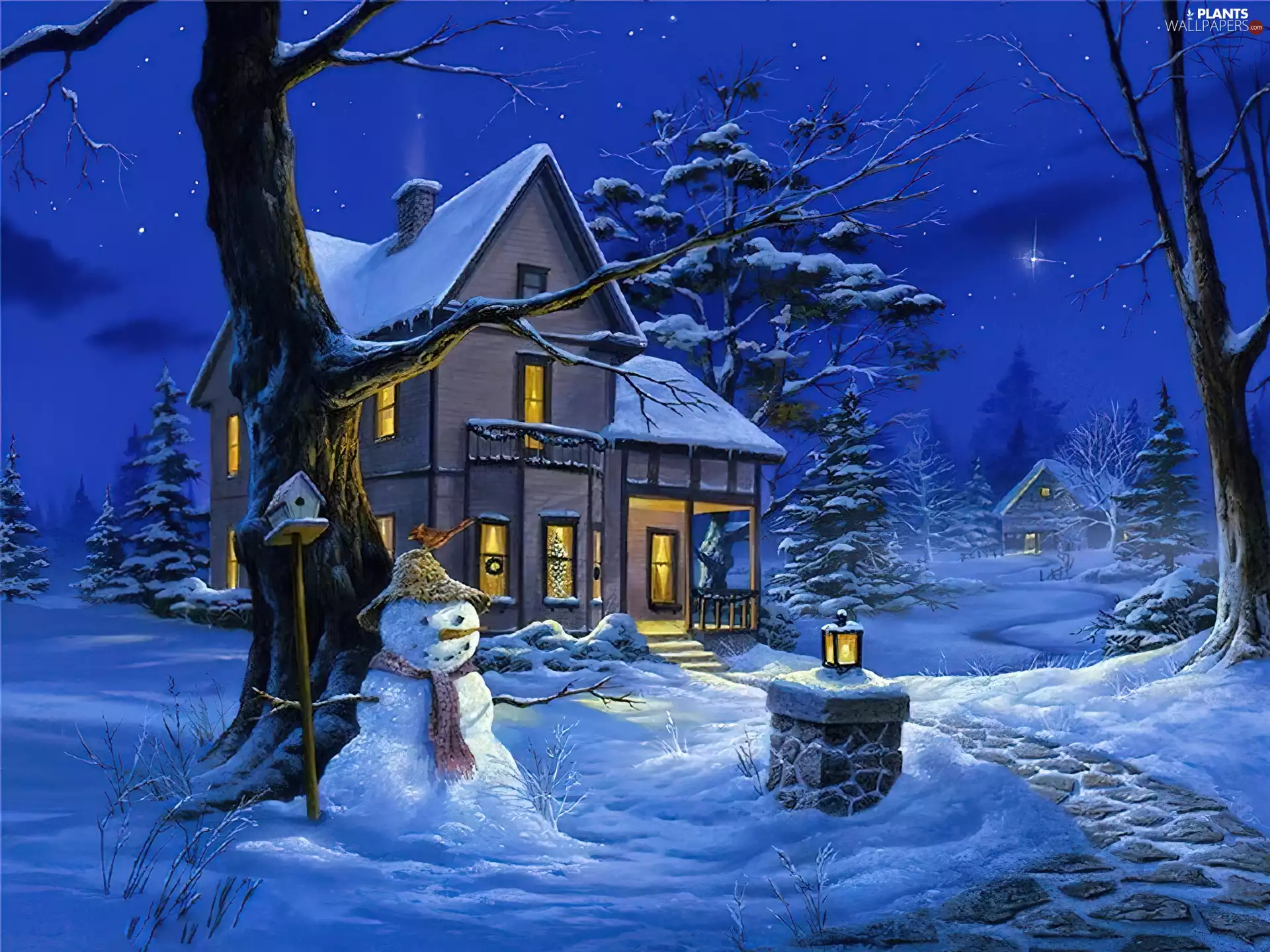 winter, Snowman, Night, house