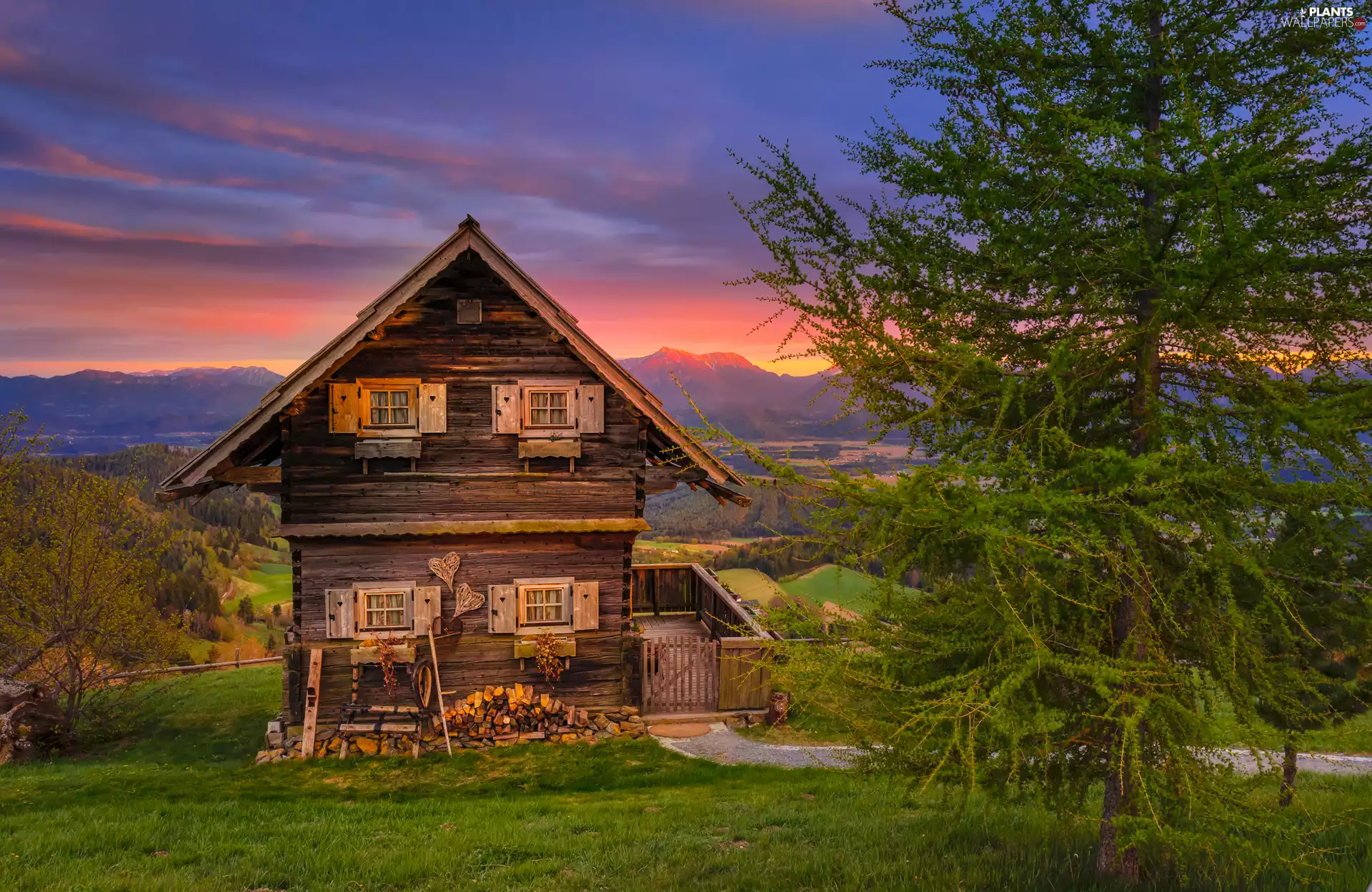 trees, Carinthia, wooden, Mountains, Troadkasten House, Austria, Gurktal Alps, Great Sunsets, viewes, Pension Gipfelhaus Magdalensberg Familie Skorianz Magdalensberg