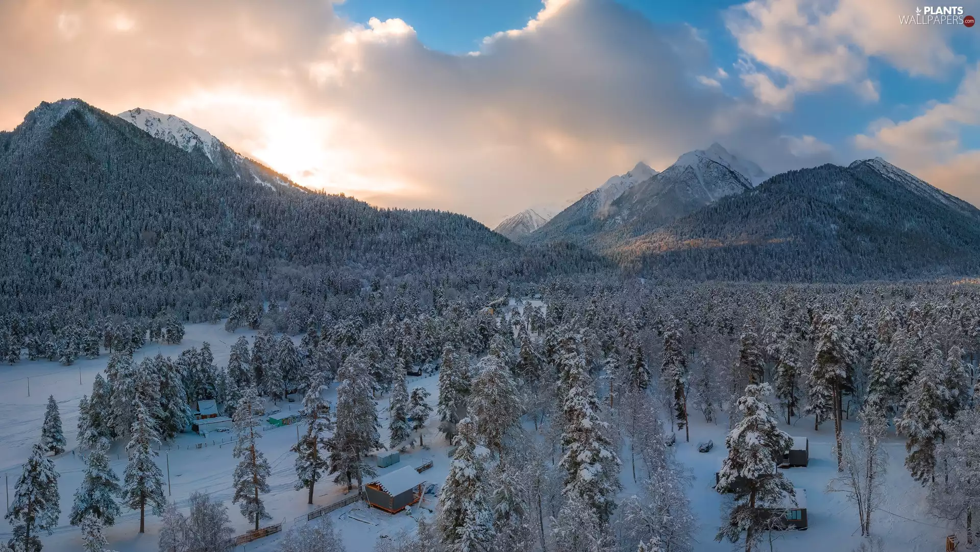 forest, trees, clouds, viewes, Sunrise, Mountains, winter, Houses