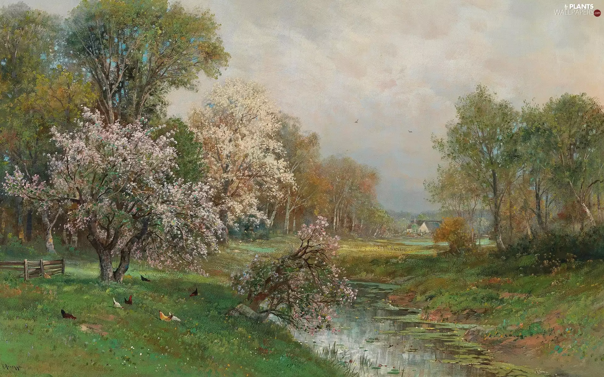 trees, picture, country, Pond - car, Spring, painting, Alois Arnegger, Houses, viewes, hens