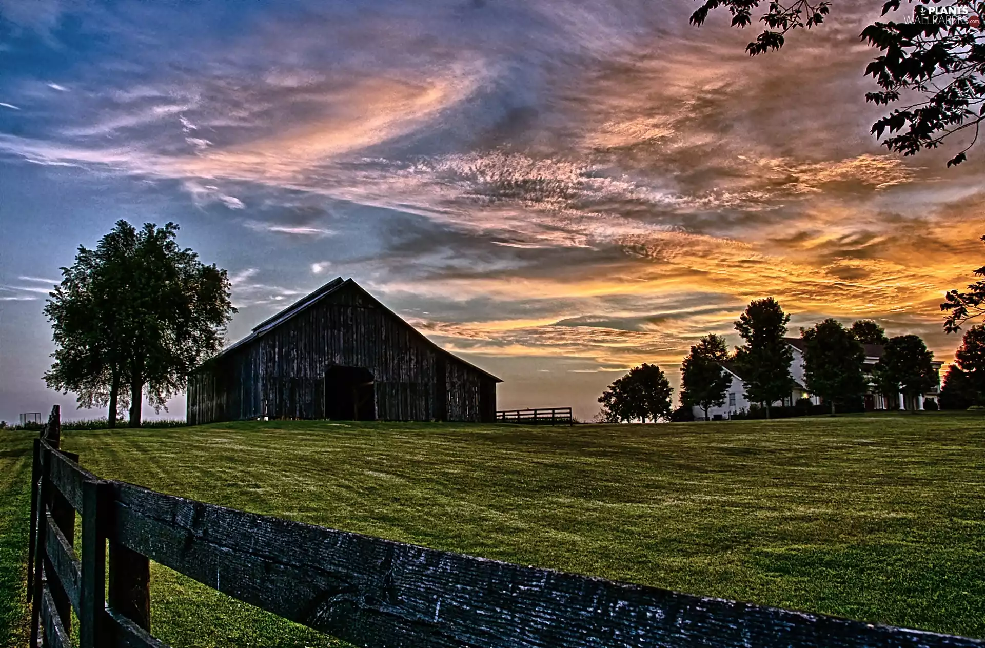 ligh, Przebijające, sun, cote, Wooden, flash, clouds, Field, luminosity, Houses, viewes, trees