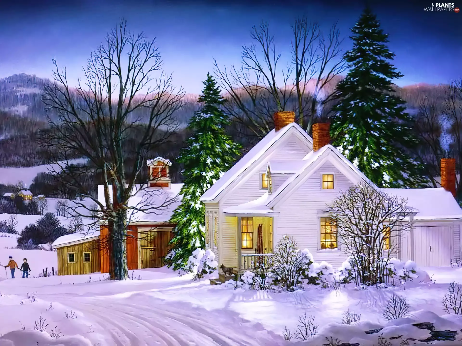 winter, trees, viewes, Houses