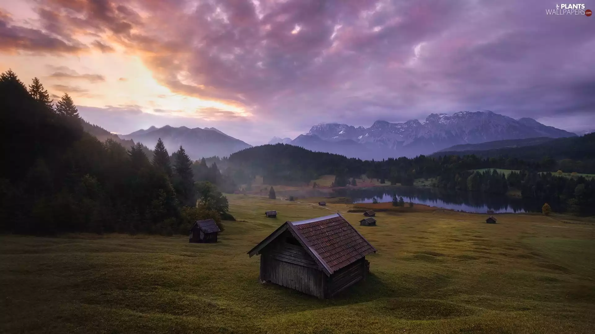 trees, wood, woods, viewes, Alps, Germany, Bavaria, Geroldsee Lake, Houses, clouds, Mountains