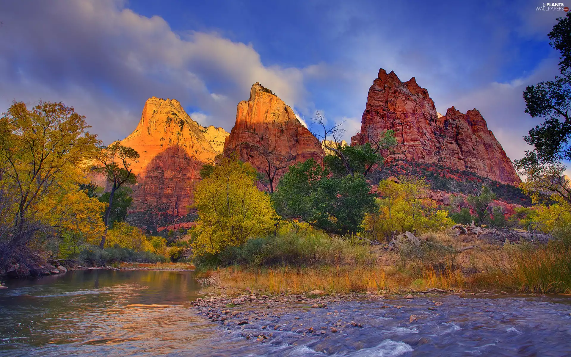 peaks, Mountains, viewes, illuminated, River, trees, autumn